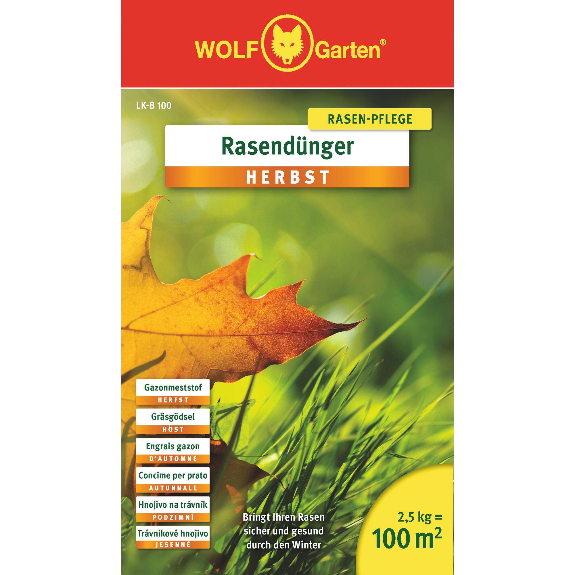 WOLFGarten autumn lawn fertilizer package, showing a leaf on grass, product information in multiple languages, for 100 square meters coverage and 2.5 kg weight.