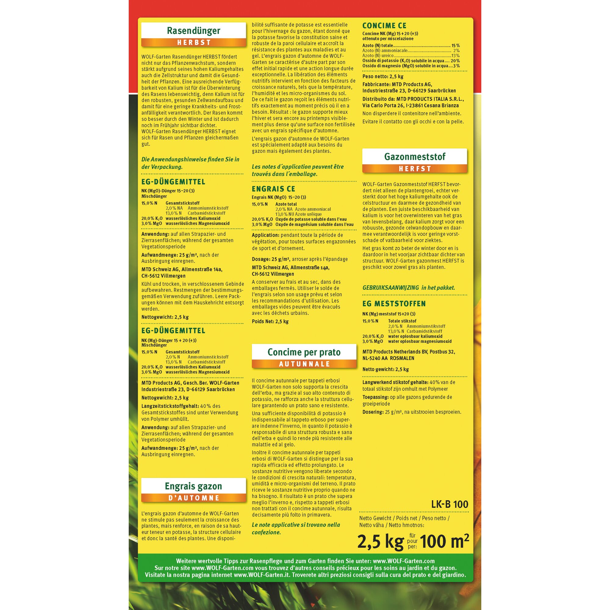 The image shows the back packaging of a WOLFGarten autumn lawn fertilizer product. The text describes the product's benefits, usage instructions, and fertilization details in multiple languages, including German, French, Dutch, and Italian. The product is intended for autumn lawn care and is suitable for lawns and plants, with a net weight of 2.5 kg covering 100 square meters.