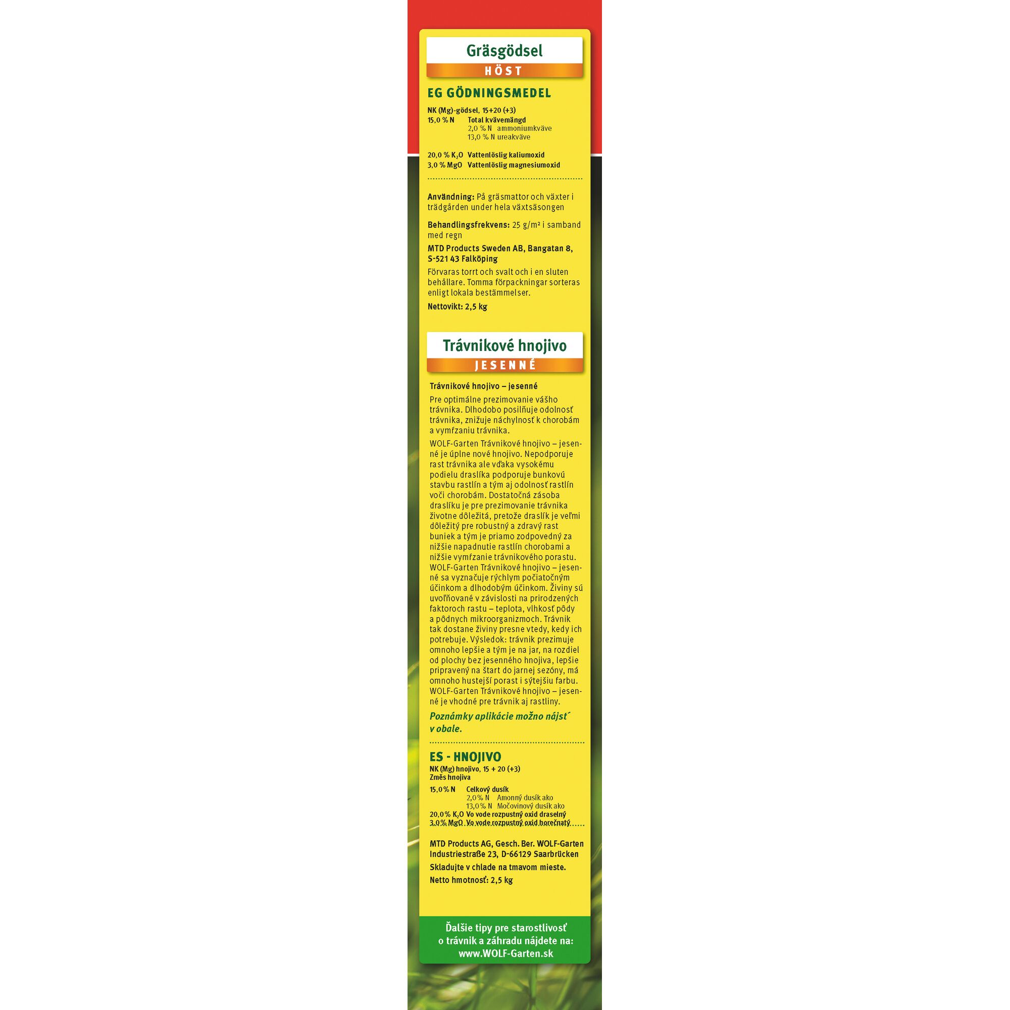 A vertical product label for WOLFGarten autumn lawn fertilizer. The label is divided into sections with text in Swedish, Czech, and Slovak, providing product information, usage instructions, and company details. The label has a red top border and a green and yellow color scheme.
