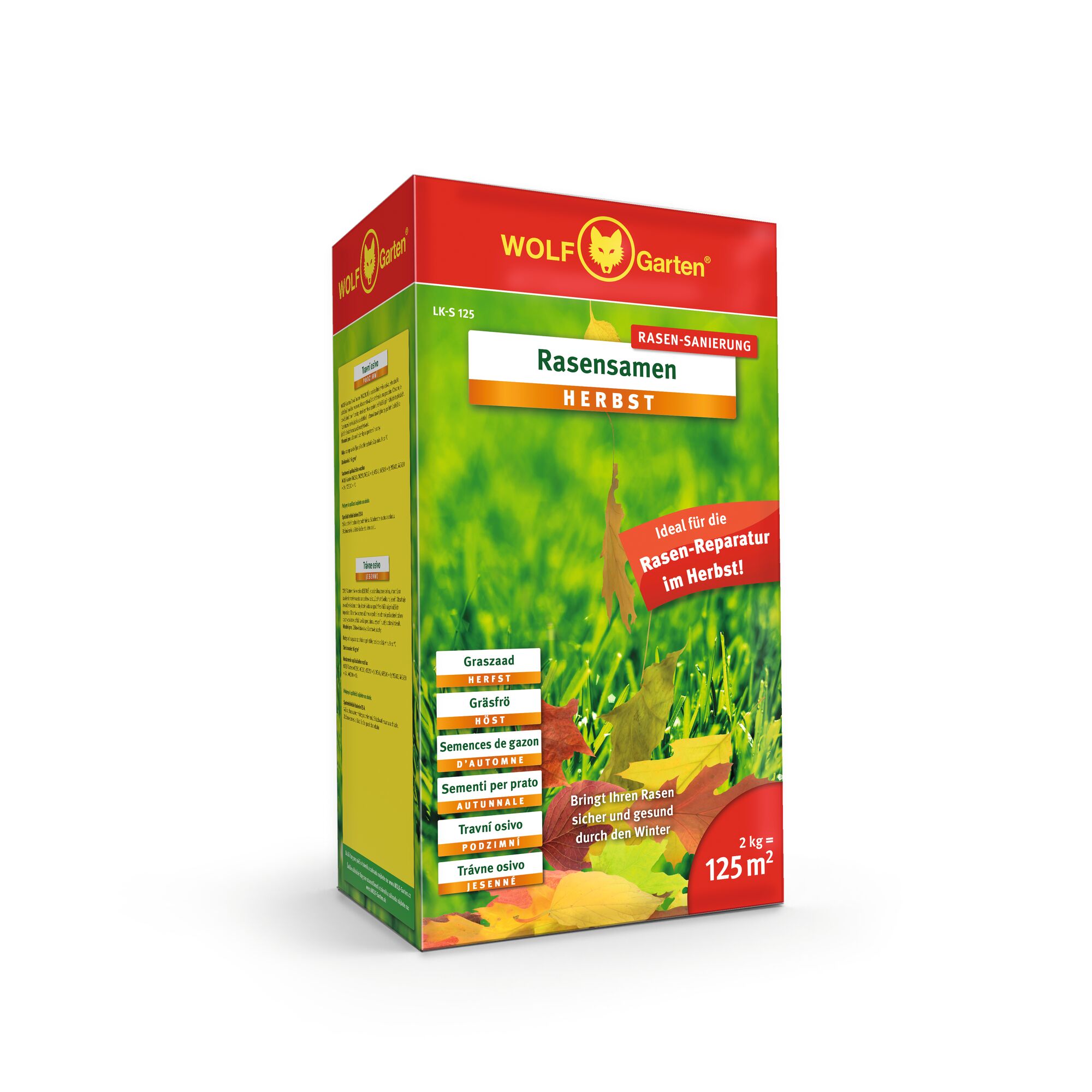 WOLF Garten autumn lawn seed box for lawn repair, showing colorful autumn leaves and green grass, suitable for 125 square meters.