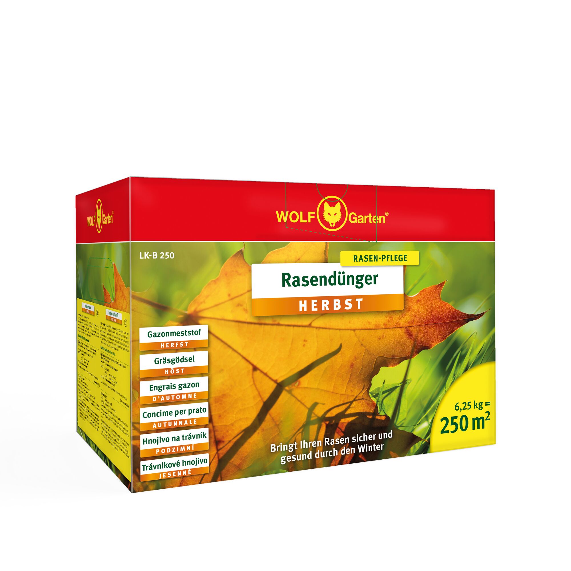 Box of WOLF Garten autumn lawn fertilizer (Herbst Rasendünger), 6.25 kg sufficient for 250 square meters. The packaging features a red and yellow design with a large autumn leaf and multilingual descriptions on the side.