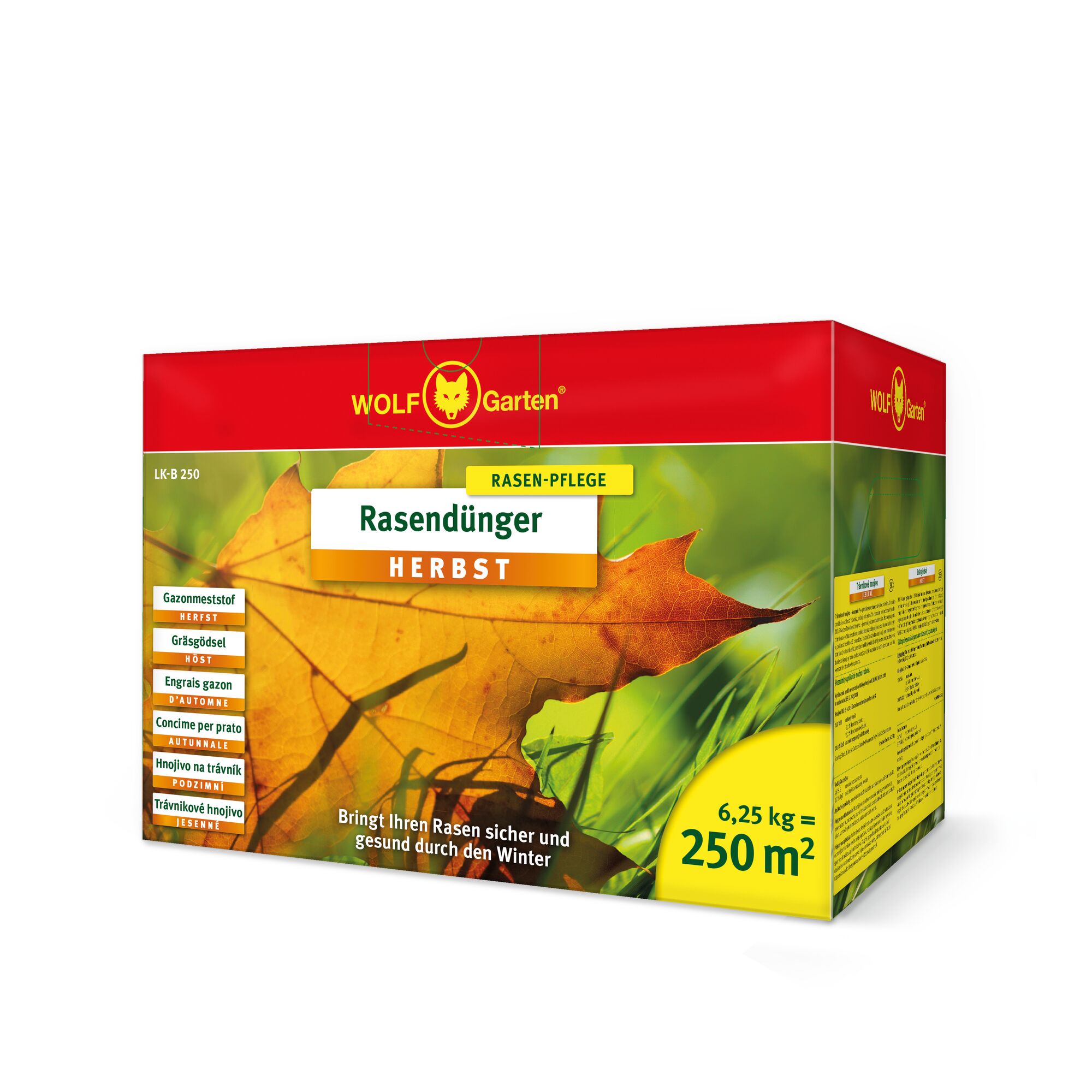 Box of WOLFGarten autumn lawn fertilizer, with red and yellow packaging showing a leaf and green grass. The product covers 250 square meters and weighs 6.25 kg.