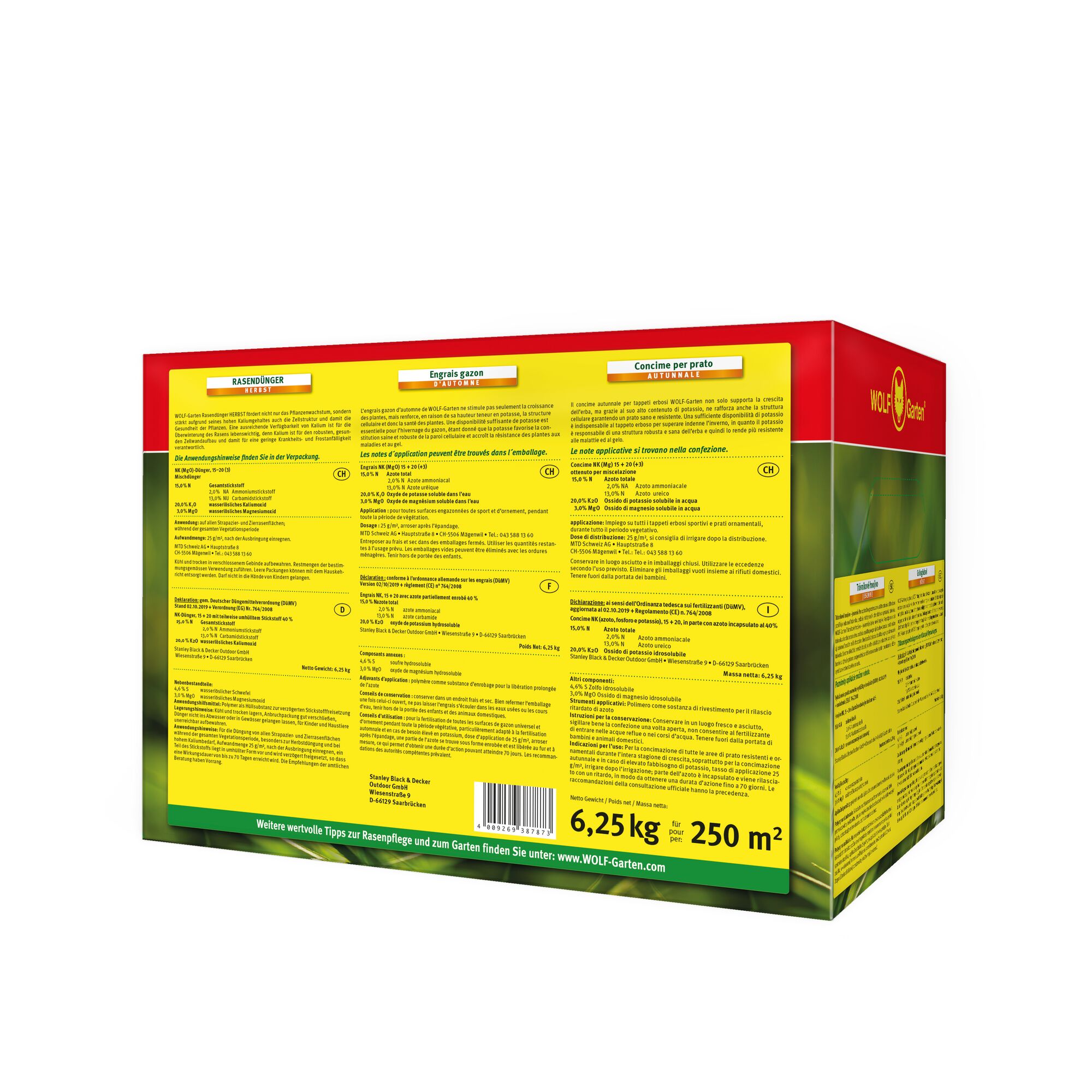 Back view of a WOLF-Garten lawn fertilizer box, displaying detailed usage instructions and specifications in multiple languages, with a bright yellow and red design. The packaging indicates a weight of 6.25 kg suitable for 250 square meters.