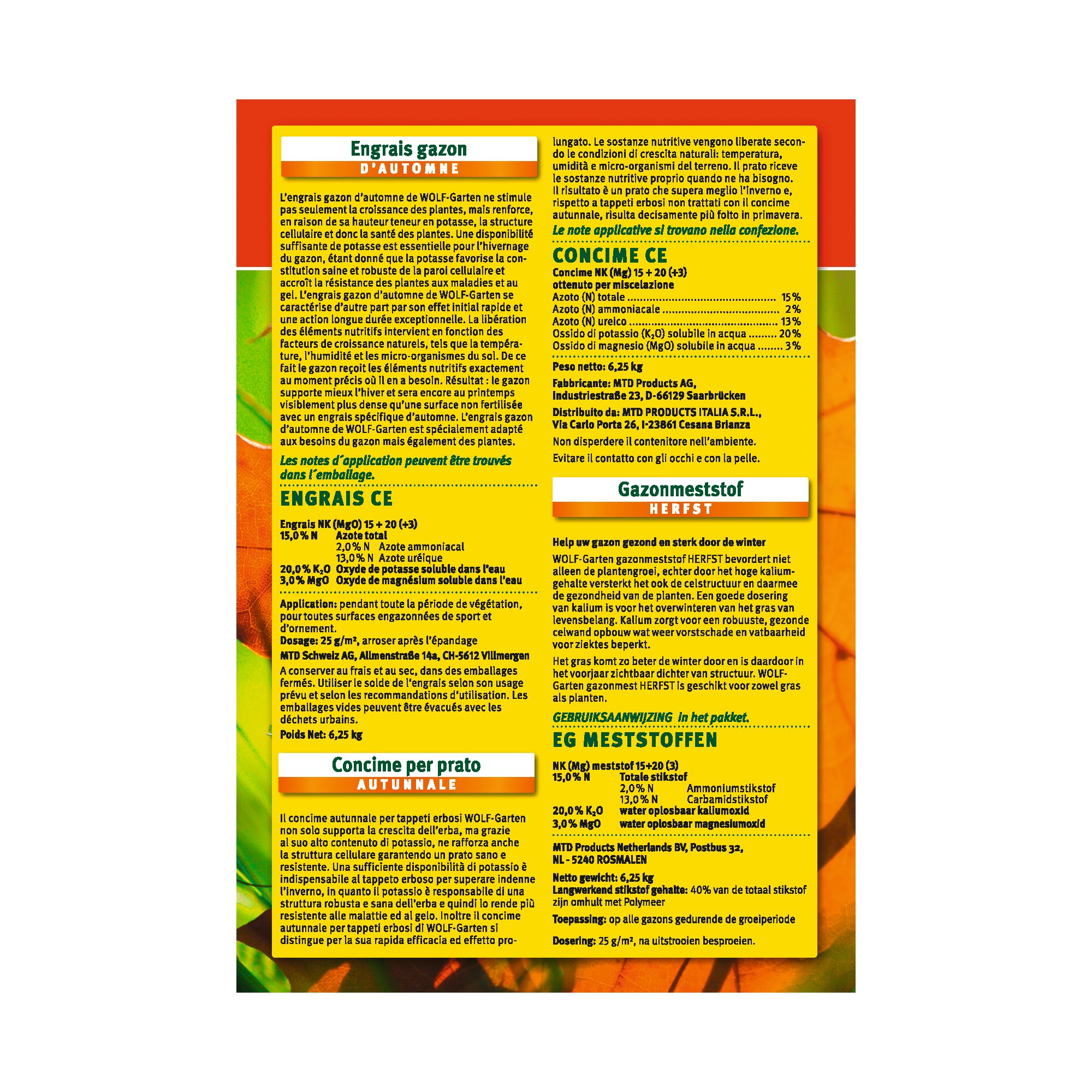 Back packaging of WOLF-Garten autumn lawn fertilizer, featuring detailed product information, application instructions, and nutritional composition in French, Italian, Dutch, and German. Text is organized in columns with yellow background and red borders.