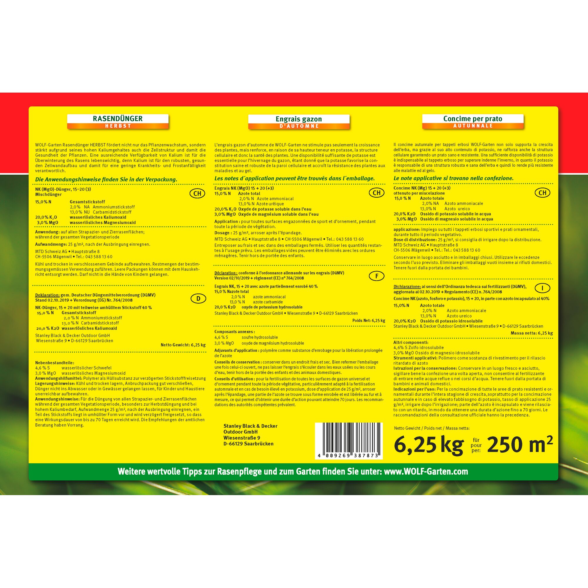 Back label of a WOLF-Garten autumn lawn fertilizer package. The label displays product information, instructions for use, and safety recommendations in German, French, and Italian. The package size is 6.25 kg, and it covers 250 square meters. Brand details and a barcode are at the bottom.