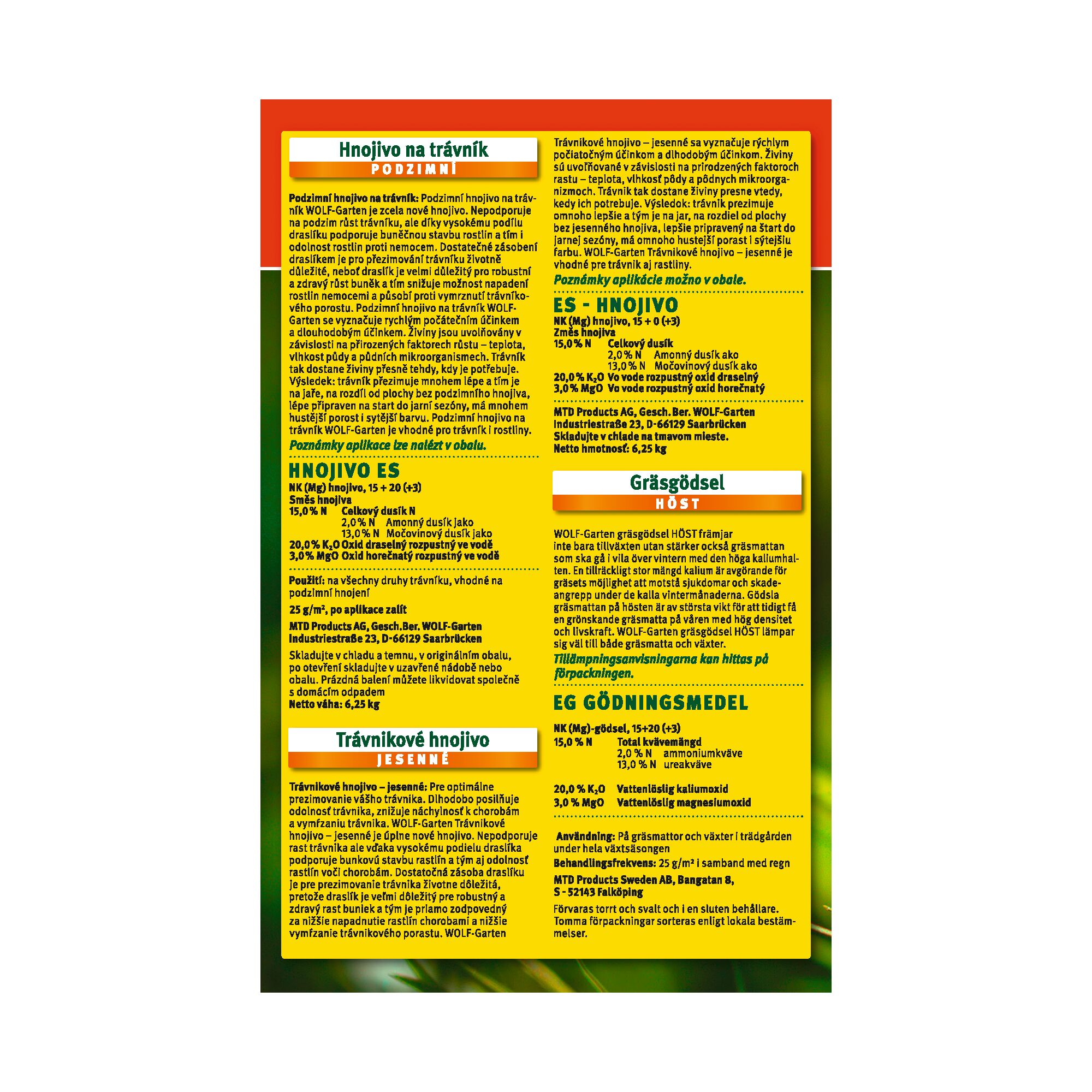 Back of a WOLFGarten lawn fertilizer package, featuring detailed product information, application instructions, and ingredients in multiple languages, including Czech, Swedish, and English. The text is predominantly yellow with green and red borders.