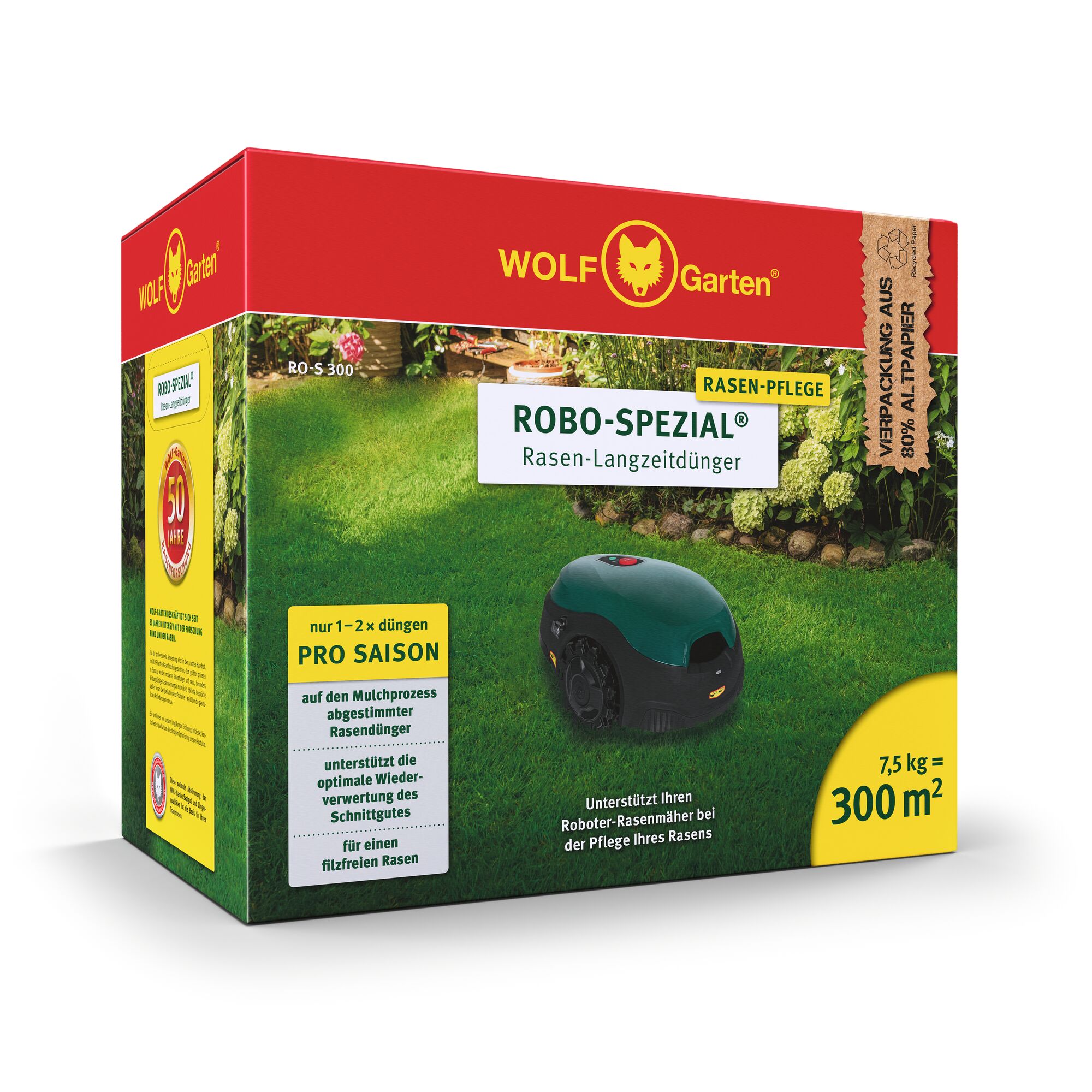 Packaging of WOLF Garten ROBO-SPEZIAL lawn long-term fertilizer. The box is red and green, features a picture of a robotic lawn mower on a well-maintained lawn, and indicates support for up to 300 m² with 7.5 kg of product. Text highlights seasonal use and compatibility with mulch process. The packaging is made from 80% recycled paper.