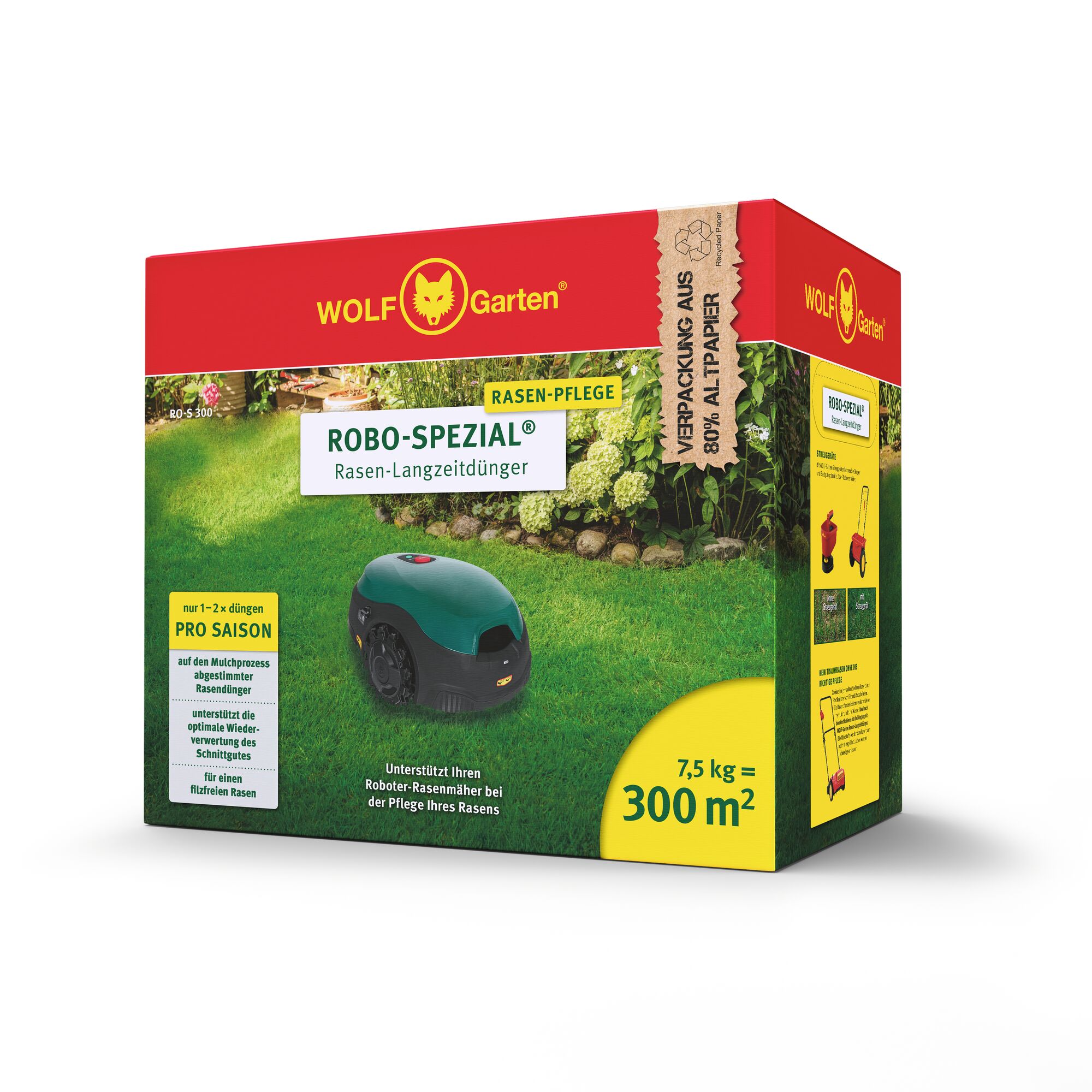 A rectangular box of WOLF-Garten ROBO-SPEZIAL lawn long-term fertilizer. The packaging features a red and yellow design with a picture of a robotic lawn mower on green grass, surrounded by garden plants. Text indicates a coverage of 300 square meters and a weight of 7.5 kg. The box also mentions it is made from 80% recycled paper.