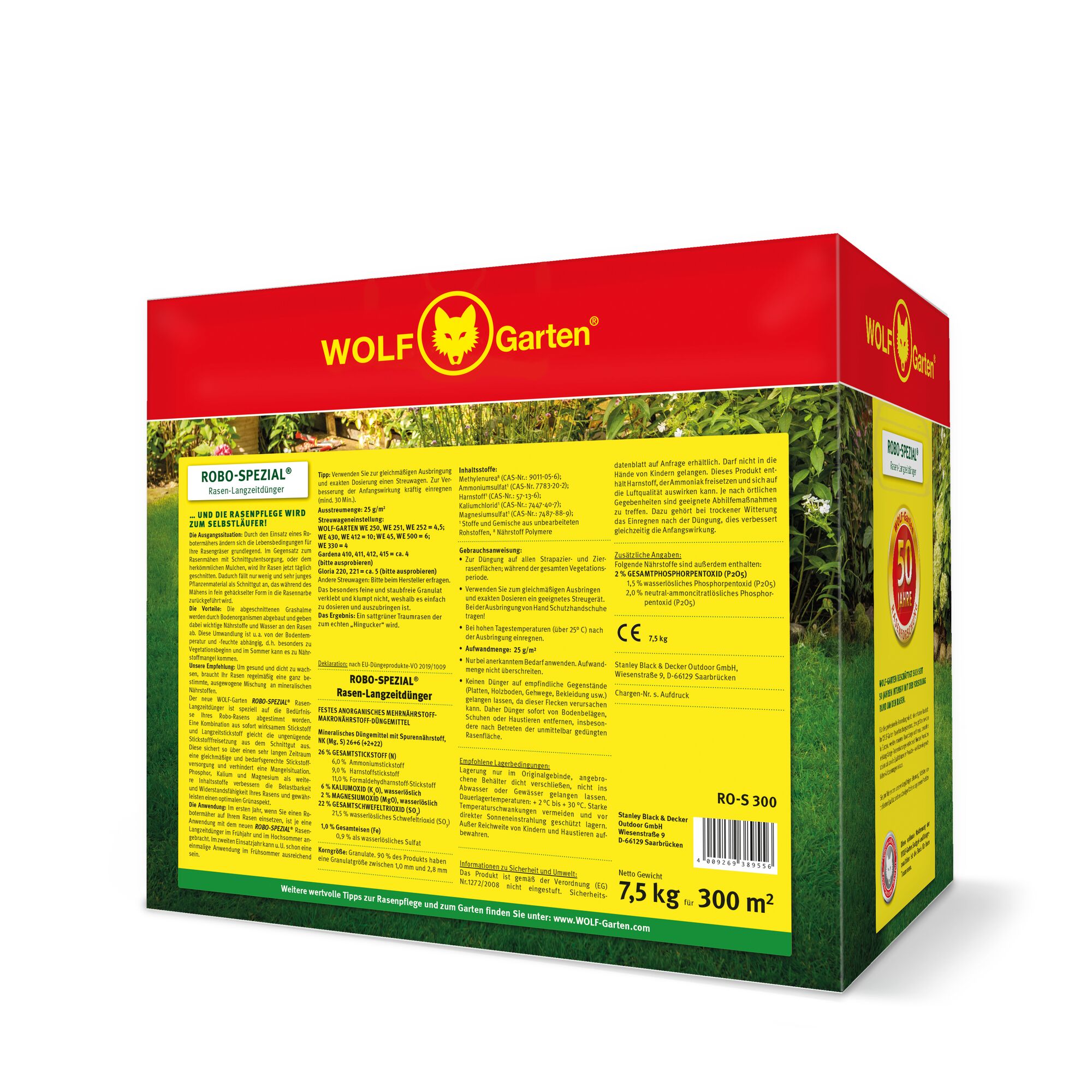 Back and side view of a WOLF Garten branded box of lawn fertilizer named ROBO-SPEZIAL. The packaging is red and yellow with detailed product information, instructions, and specifications printed in German. The box is labeled for 7.5 kg and covers 300 square meters.