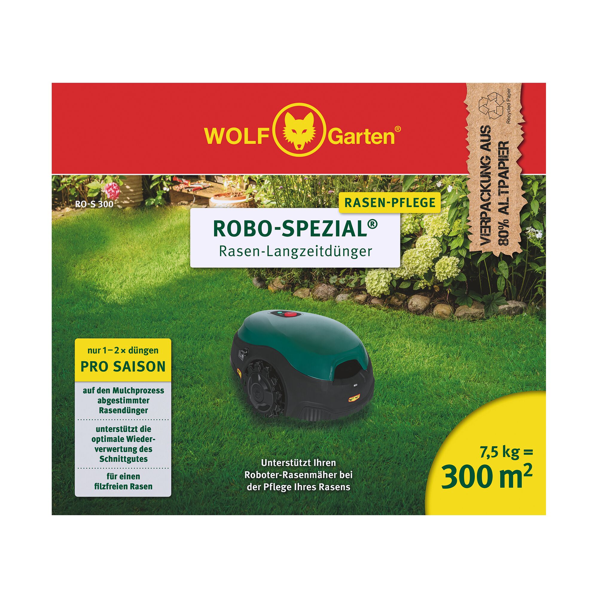 Front view of a WOLF Garten ROBO-SPEZIAL lawn long-term fertilizer box, showing a robotic lawn mower on a green lawn surrounded by plants. The packaging indicates coverage for 300 square meters and highlights features like seasonal use and compatibility with robotic mowers.