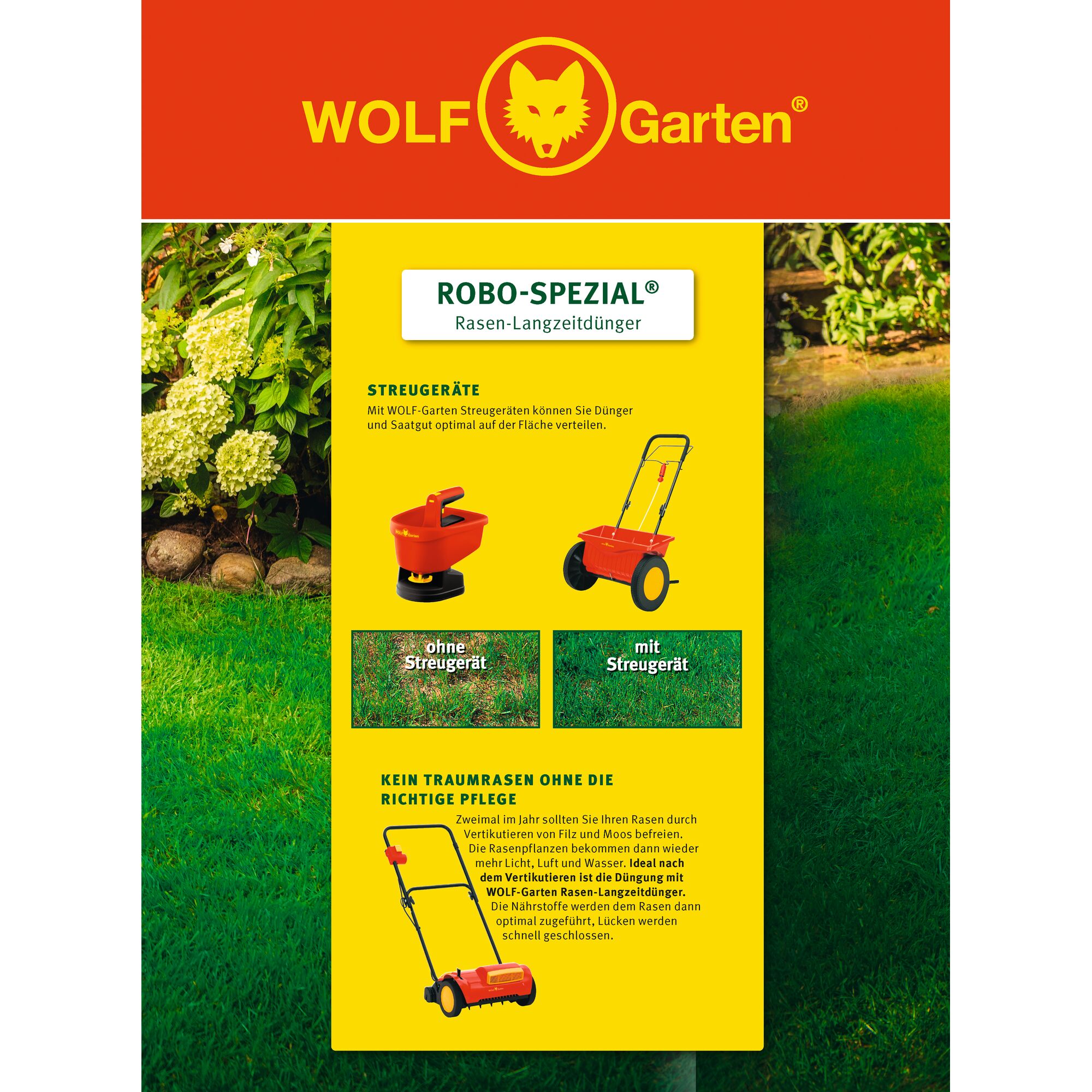 WOLF-Garten promotional material showing lawn care products, including a Robo-Spezial lawn long-term fertilizer and two different types of spreaders for distributing fertilizer and seeds. The leaflet also illustrates the difference between using and not using a spreader, and highlights the importance of proper lawn maintenance with tools and fertilizers for a healthy lawn.