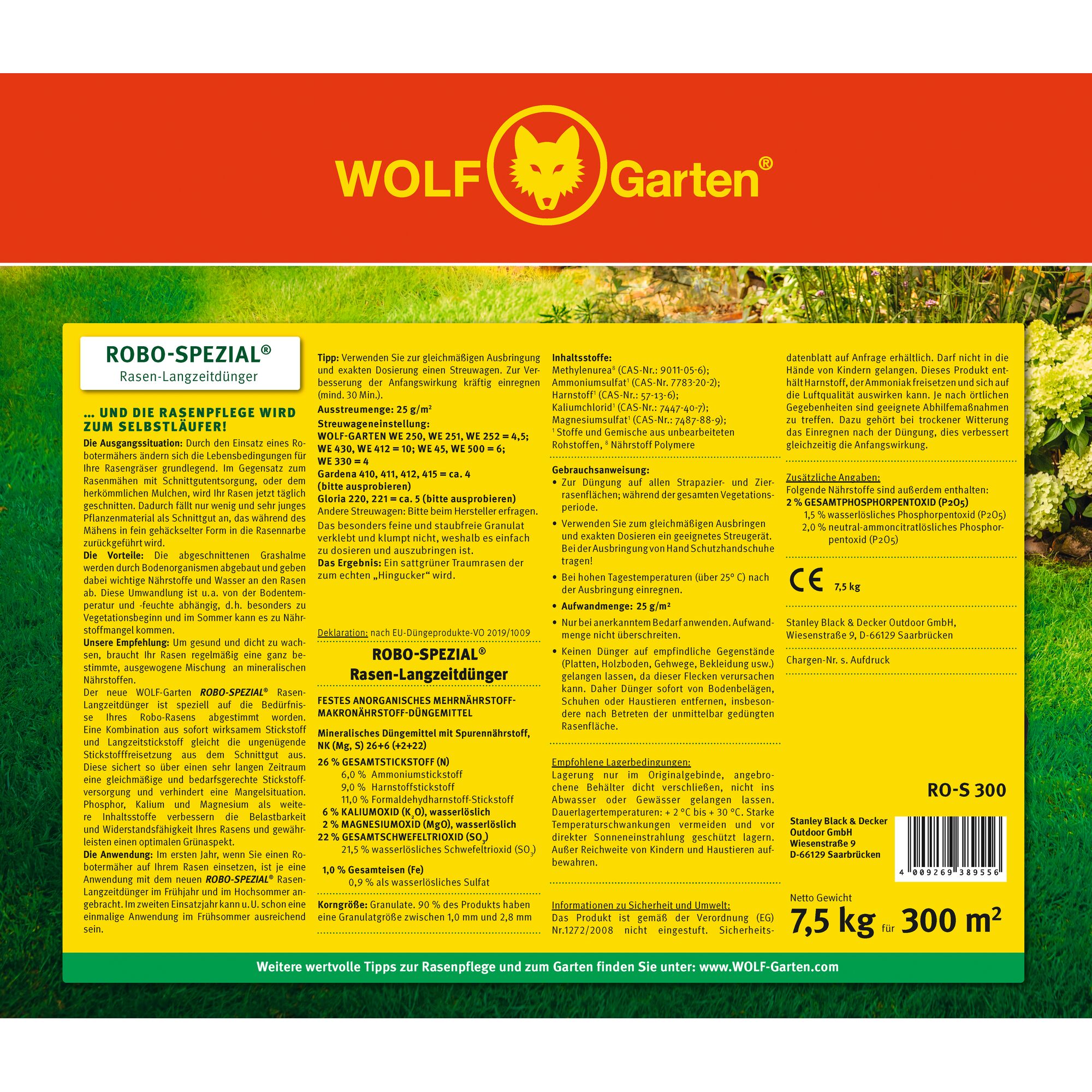 Product packaging for WOLF-Garten ROBO-SPEZIAL lawn long-term fertilizer. The label includes instructions, composition details, dosage information, manufacturer details, and usage guidelines for fertilizing lawns, especially in connection with mowing robots. The packaging is yellow with green and red sections and features the WOLF-Garten logo at the top.