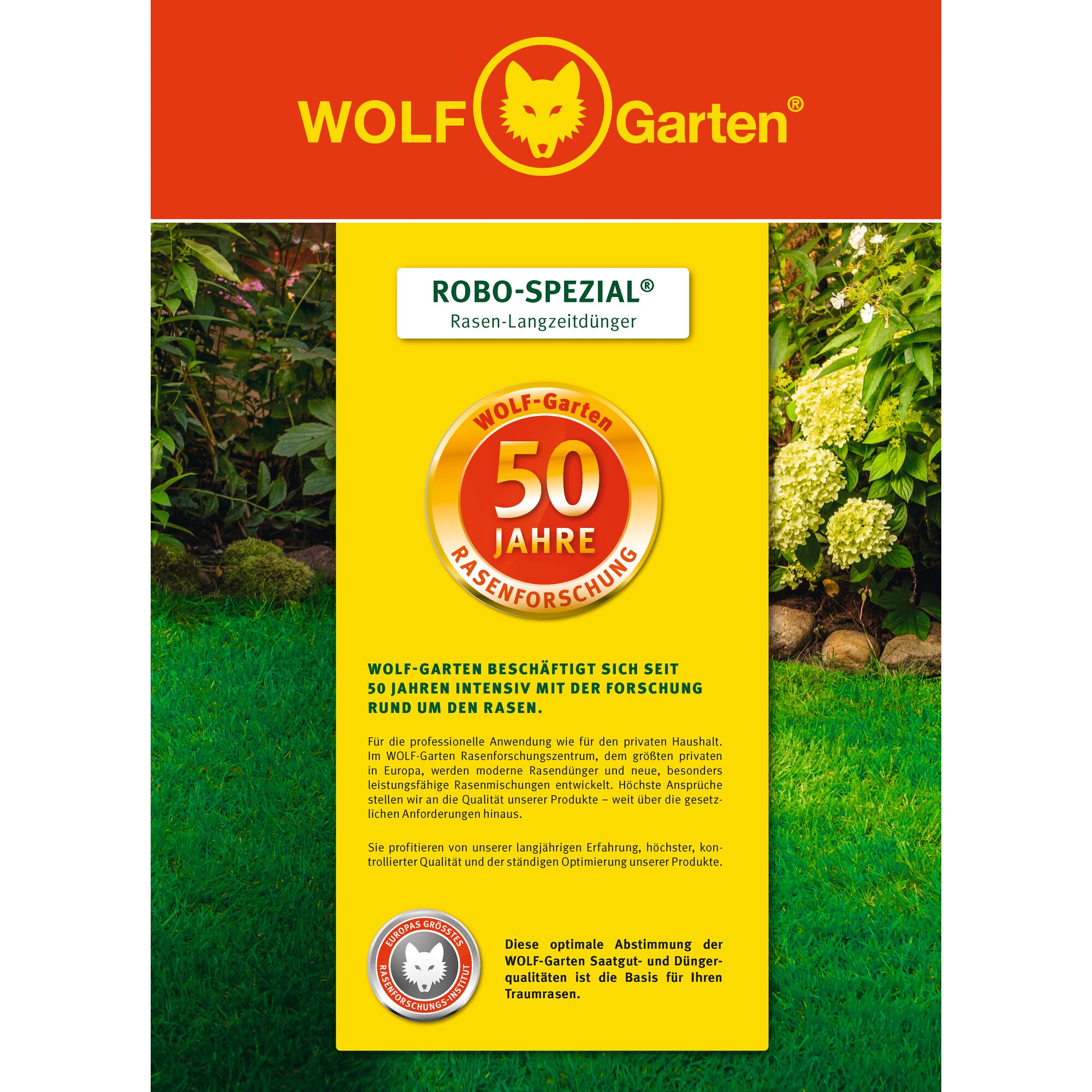Front packaging of WOLF-Garten ROBO-SPEZIAL lawn long-term fertilizer, celebrating 50 years of lawn research. The packaging features a red and yellow design with the WOLF-Garten logo, a badge indicating 50 years of lawn research, and descriptive text about the product’s quality and expertise. Surrounding the central information, there are images of green grass and flowering bushes.