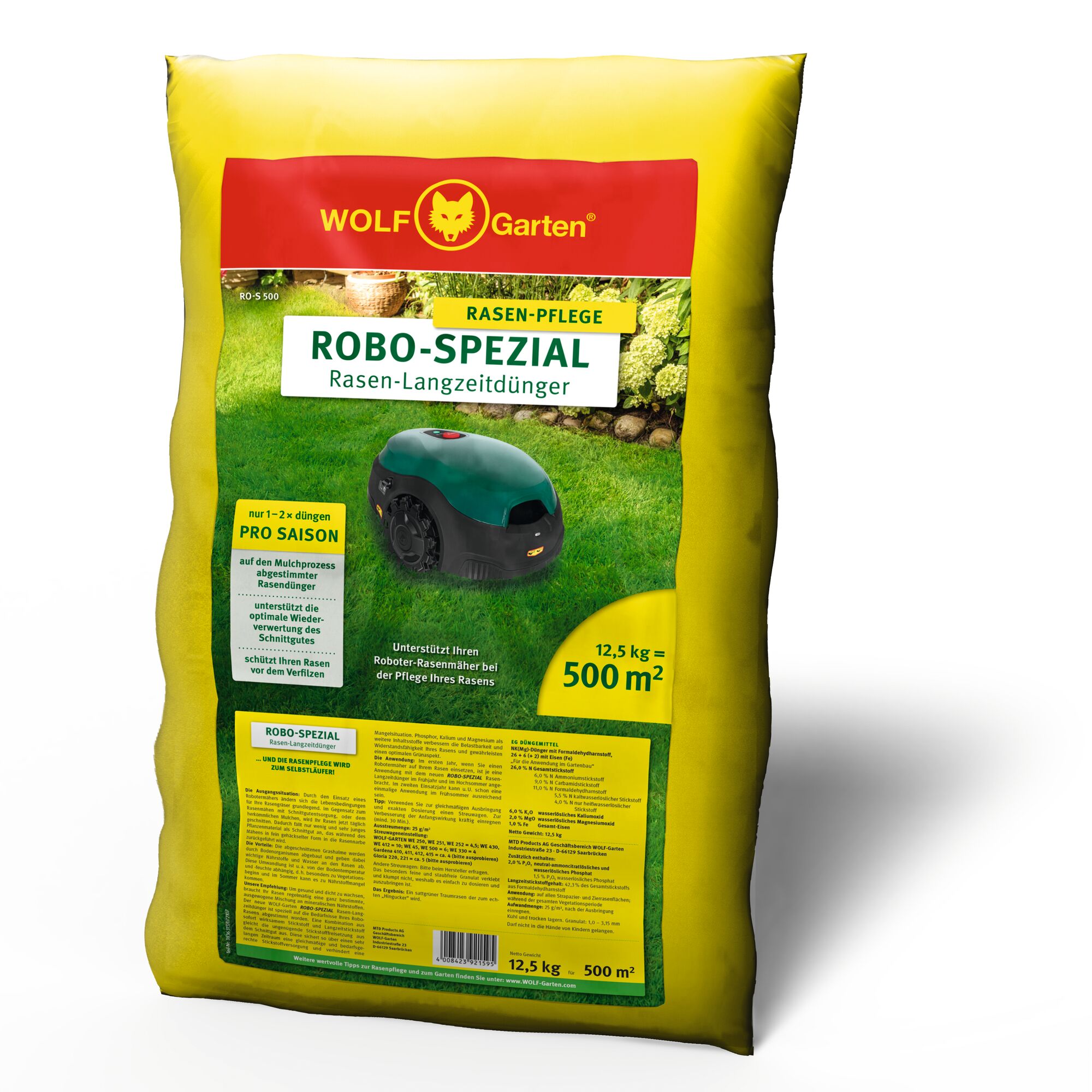 A yellow bag of WOLF Garten ROBO-SPEZIAL lawn fertilizer for robotic lawn mowers. The packaging shows a robotic lawn mower on grass, highlights that the 12.5 kg pack covers 500 square meters, and includes text about lawn care and long-term fertilization.