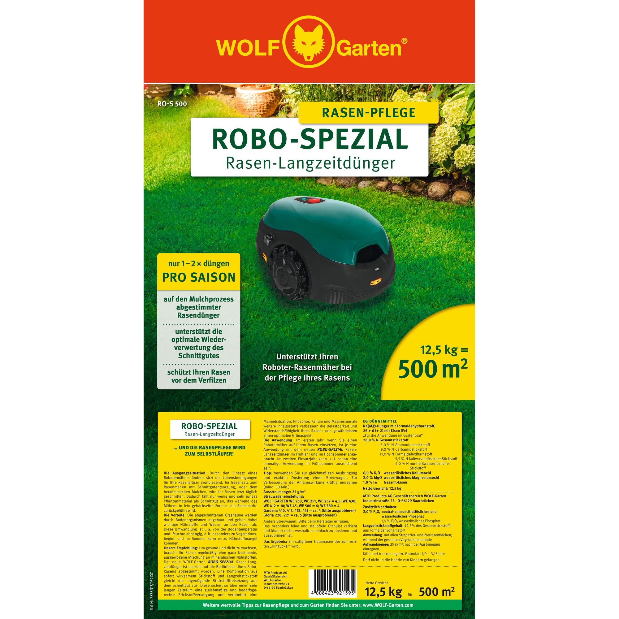 Packaging of WOLF Garten Robo-Spezial lawn long-term fertilizer (12.5 kg) for robotic lawn mowers, designed for up to 500 square meters. The front features a robotic lawn mower on grass, with product information and usage instructions in German.