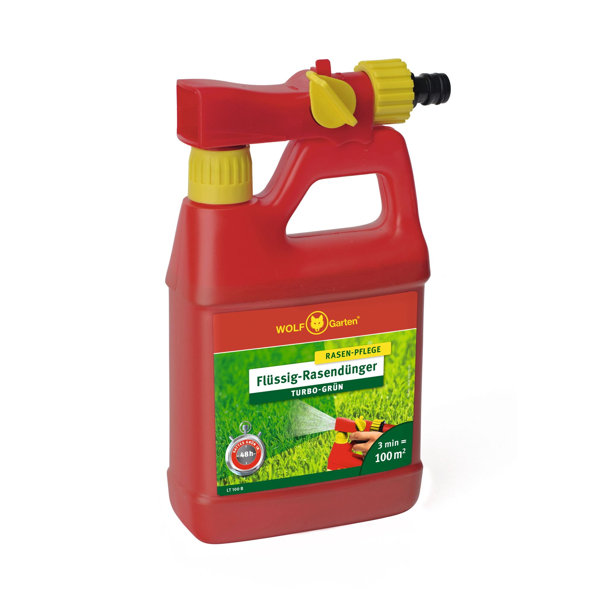 A red and yellow bottle of WOLFGarten LT100BDA liquid lawn fertilizer with a spray nozzle attachment. The label shows green grass and product details in German, indicating it is used for lawn care.