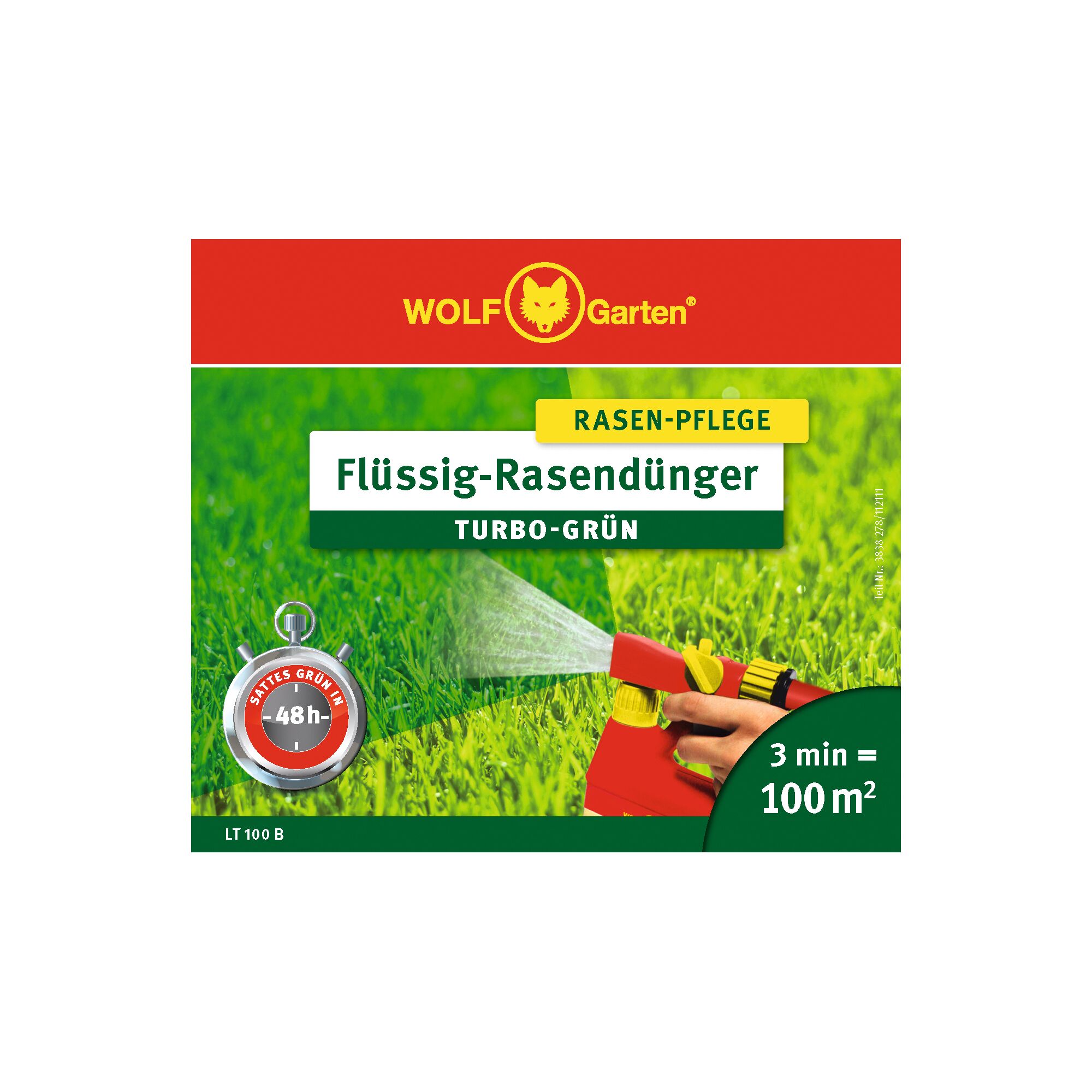 Packaging for WOLF Garten LT100BDA liquid lawn fertilizer. The design shows a hand holding a spray bottle applying fertilizer to green grass. Text highlights 'Turbo-Green', fast greening in 48 hours, and coverage of 100 square meters in 3 minutes.