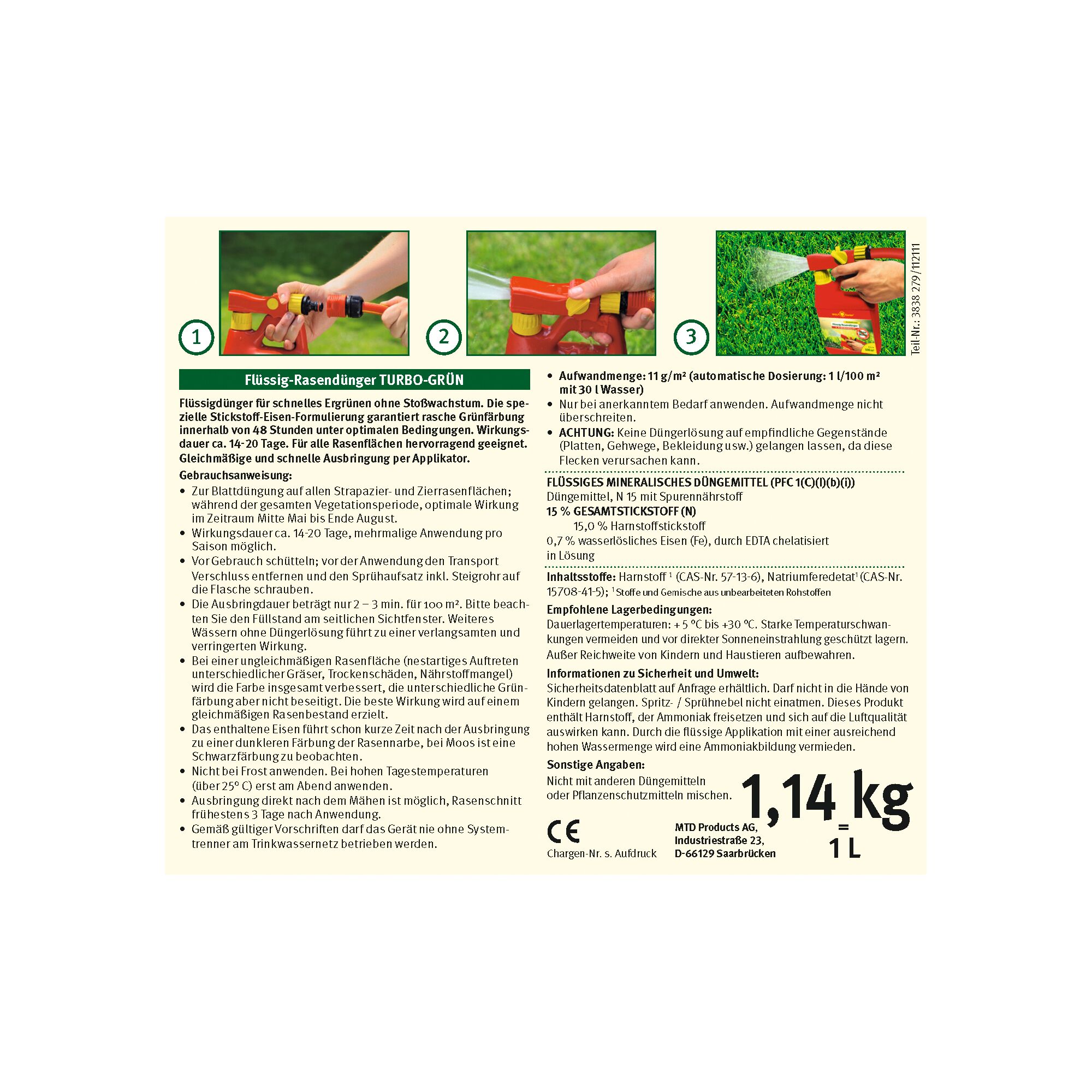 Product label of WOLFGarten LT100BDA, a liquid lawn fertilizer TURBO-GRÜN, showing instructions for use, dosage information, ingredients, safety information, recommended conditions, and application steps. The label has three illustrated steps for attaching the bottle to a sprayer, spraying on the lawn, and watering. Capacity is 1.14 kg/1 L.