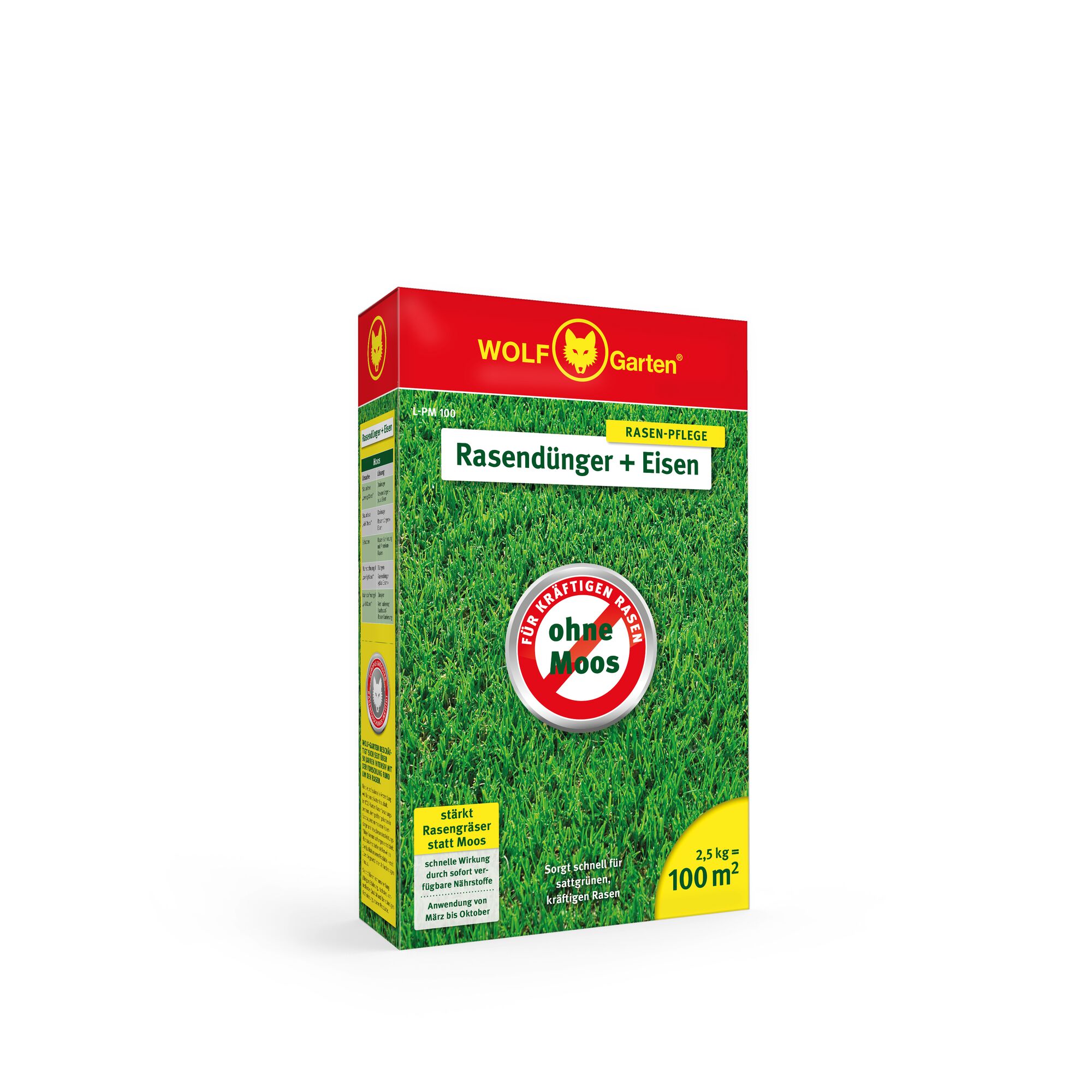 Box of WOLF-Garten Rasendünger + Eisen lawn fertilizer for 100 square meters, featuring bright red and yellow branding, with text indicating it strengthens grass instead of moss and is suitable for lawn care.