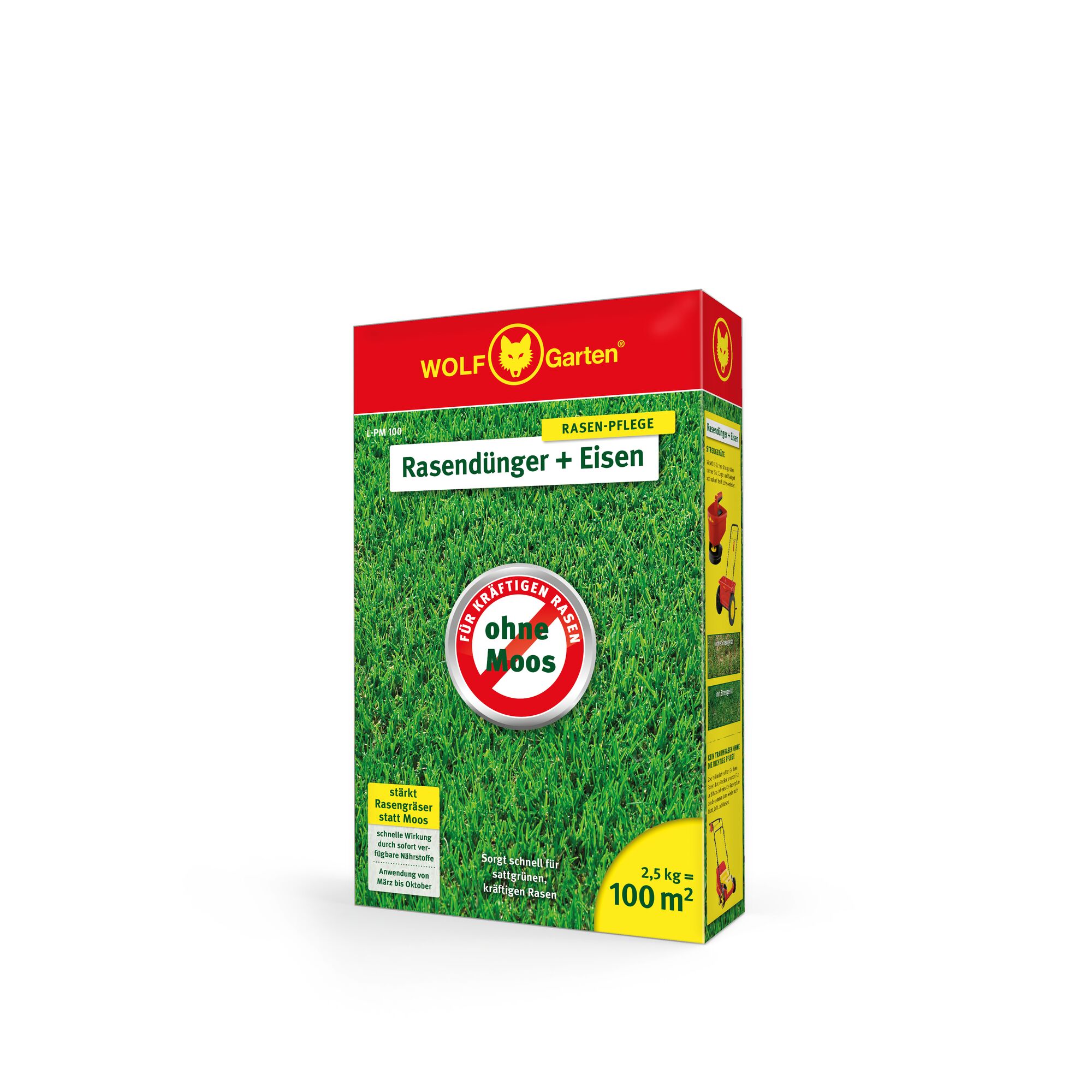 A box of WOLF Garten Rasendünger + Eisen lawn fertilizer is shown. The packaging is mainly red and green, featuring an image of grass and the text 'Ohne Moos' indicating moss-free lawns. The box highlights the product is suitable for 100 square meters and weighs 2.5 kg.