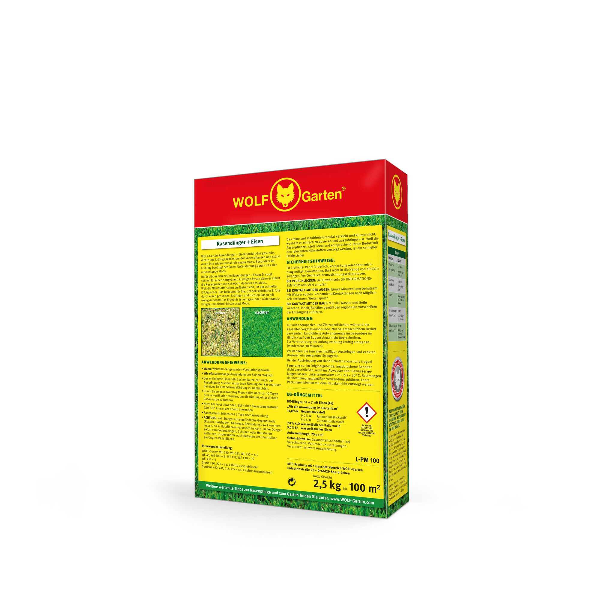 A box of WOLFGarten lawn fertilizer with iron, featuring detailed instructions and information on the back of the packaging. The box has a red and yellow design with green grass imagery, and is labeled to cover 100 square meters with 2.5 kg of product.