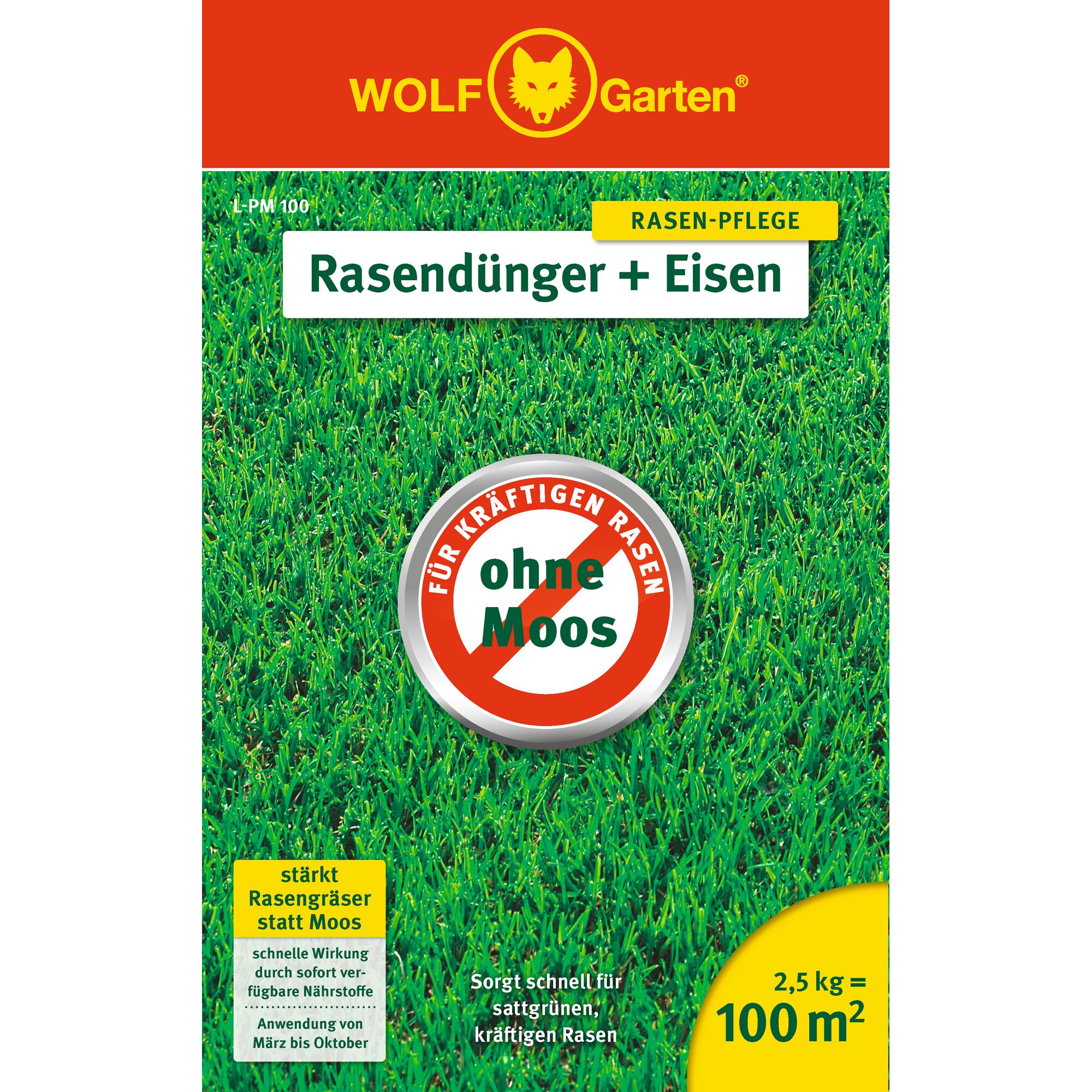 Packaging of WOLFGarten Rasendünger + Eisen lawn fertilizer. The design includes a red and yellow header with the WOLFGarten logo, a green grass background, and product information indicating it is for lawn care. Features include iron supplement, moss prevention, and coverage for 100 square meters with 2.5 kg. Text in German promotes strong, green grass and usage from March to October.