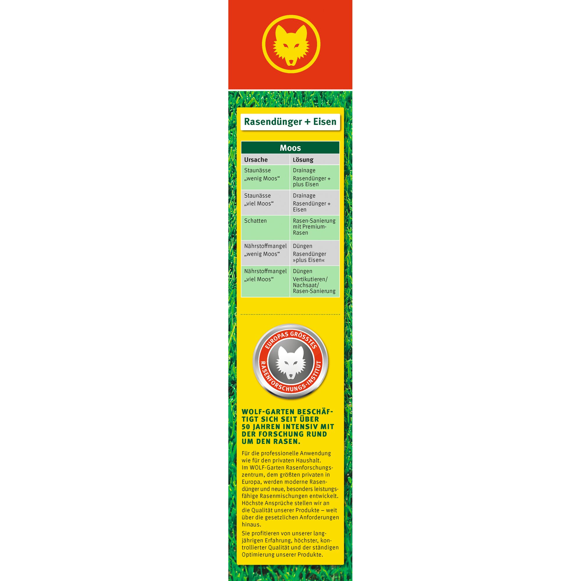Vertical product information banner for WOLF-Garten lawn fertilizer with iron. The design features the WOLF-Garten logo at the top, followed by a green section with text describing causes and solutions for moss in lawns, including drainage and fertilizing methods. The lower section highlights WOLF-Garten’s over 50 years of lawn research and premium product quality.