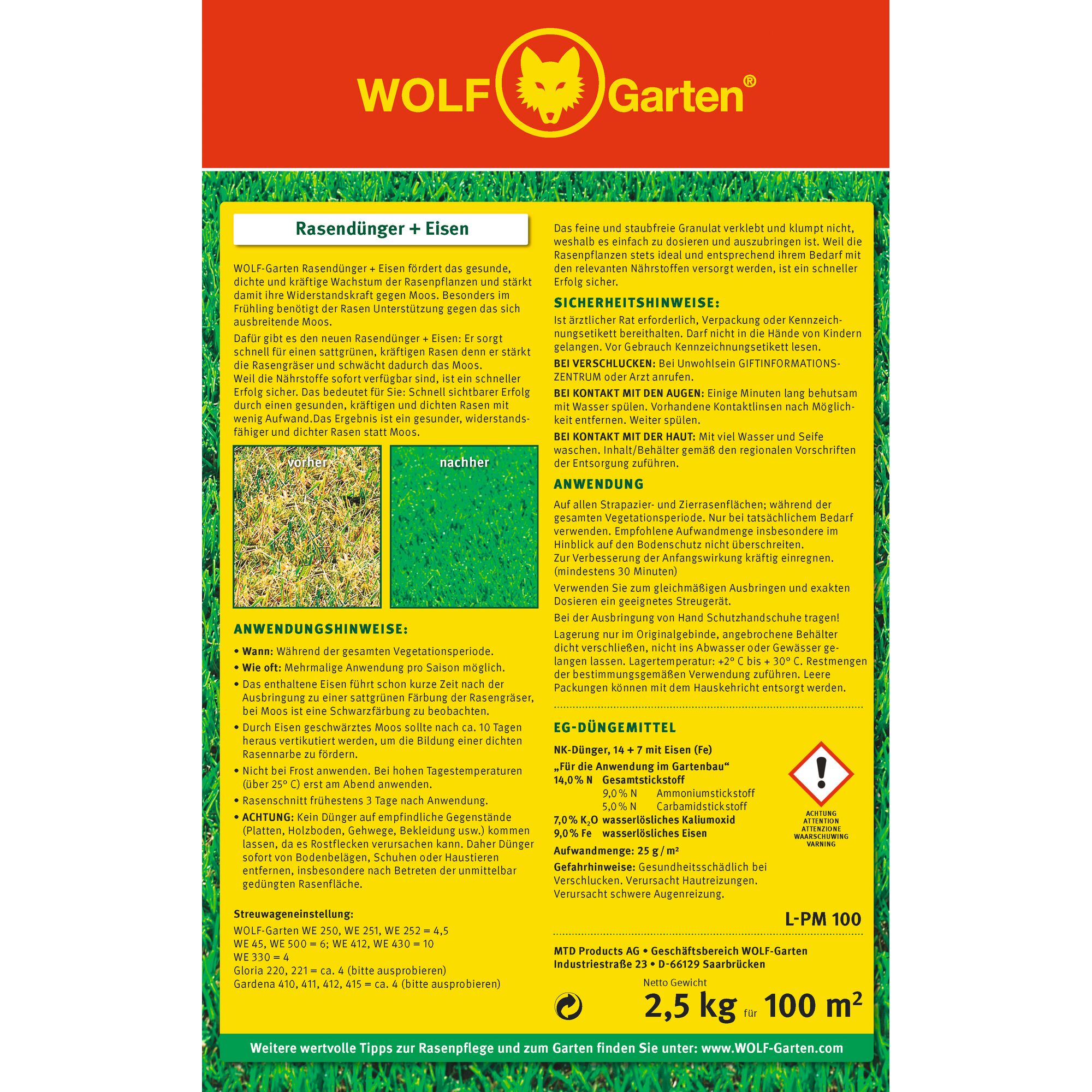 Product packaging for WOLF-Garten Rasendünger + Eisen lawn fertilizer. The packaging is mostly red and yellow, with grass details at the top and bottom. It includes the brand logo and product information in German, explaining its use for healthy lawn growth and moss reduction. Safety instructions, application notes, and dosage information are provided. There is a chart and small images showing lawn improvement and the product weight (2.5 kg for 100 m²) is listed.