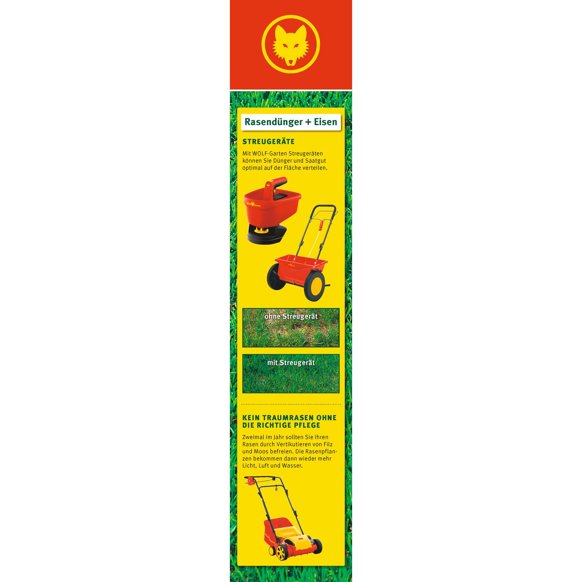 Vertical product display from WOLFGarten showing lawn fertilizer and iron spreaders on a grass background. Includes images of red and yellow fertilizer spreading tools, examples of lawn with and without spreader usage, and a lawn care tool at the bottom.