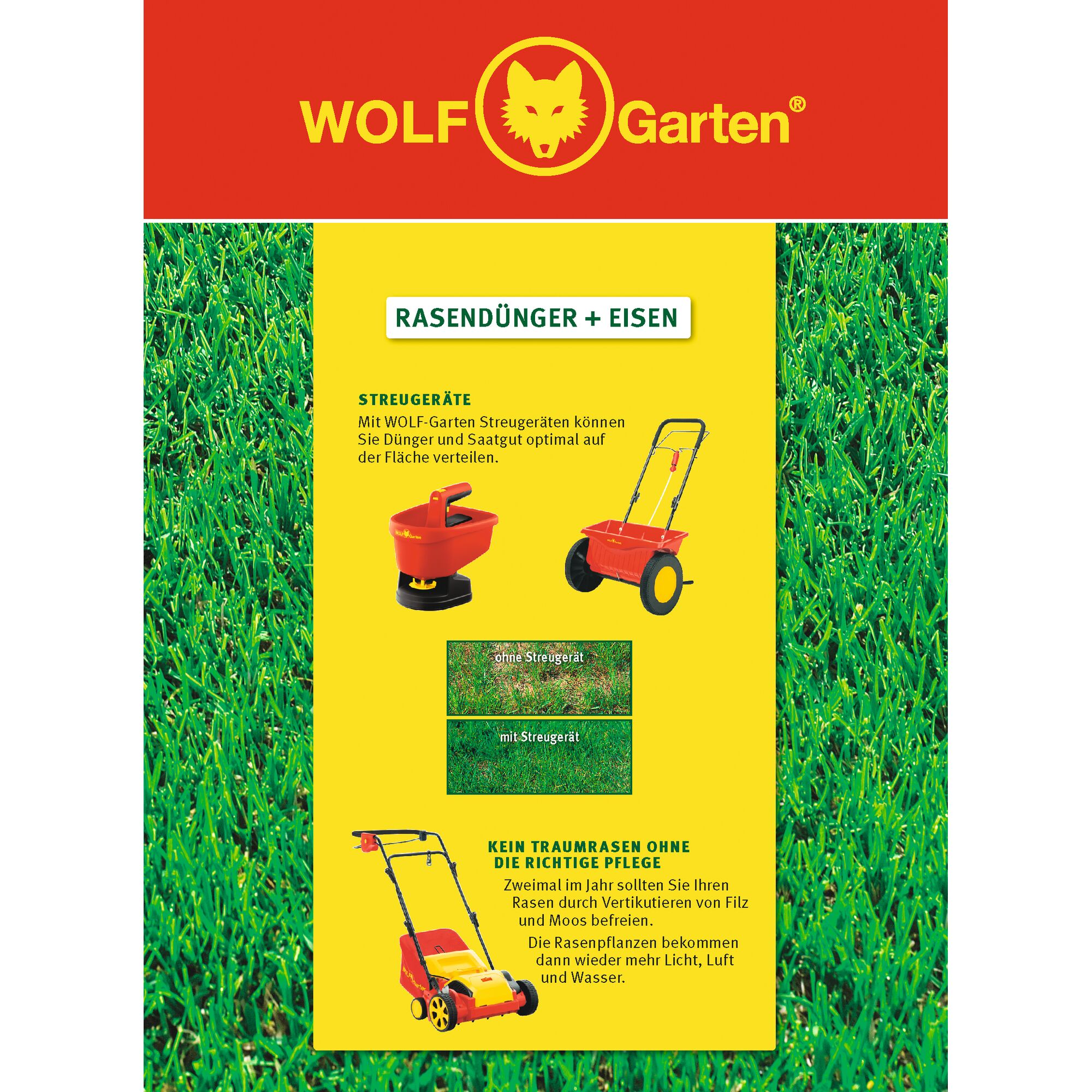 Promotional poster for WOLF Garten lawn care products, featuring three red and yellow lawn tools for spreading fertilizer and maintaining grass, along with product descriptions and comparison images of grass treated and untreated with a spreader.