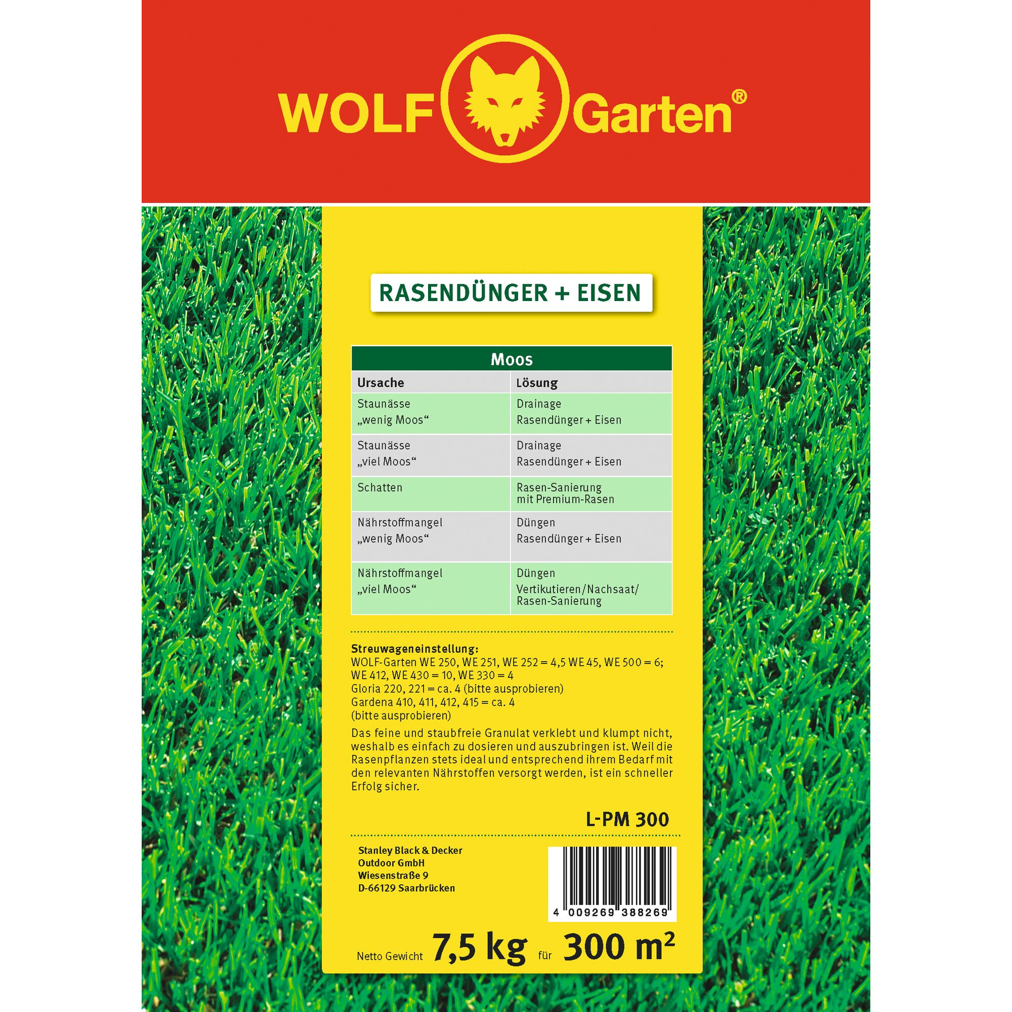 Packaging of WOLF-Garten lawn fertilizer with iron, suitable for 300 square meters. The packaging is red and yellow with the WOLF-Garten logo at the top, and includes information on how to treat moss in lawns using the product. The package also lists dosing instructions and a table for causes and solutions for moss. The net weight mentioned is 7.5 kg.