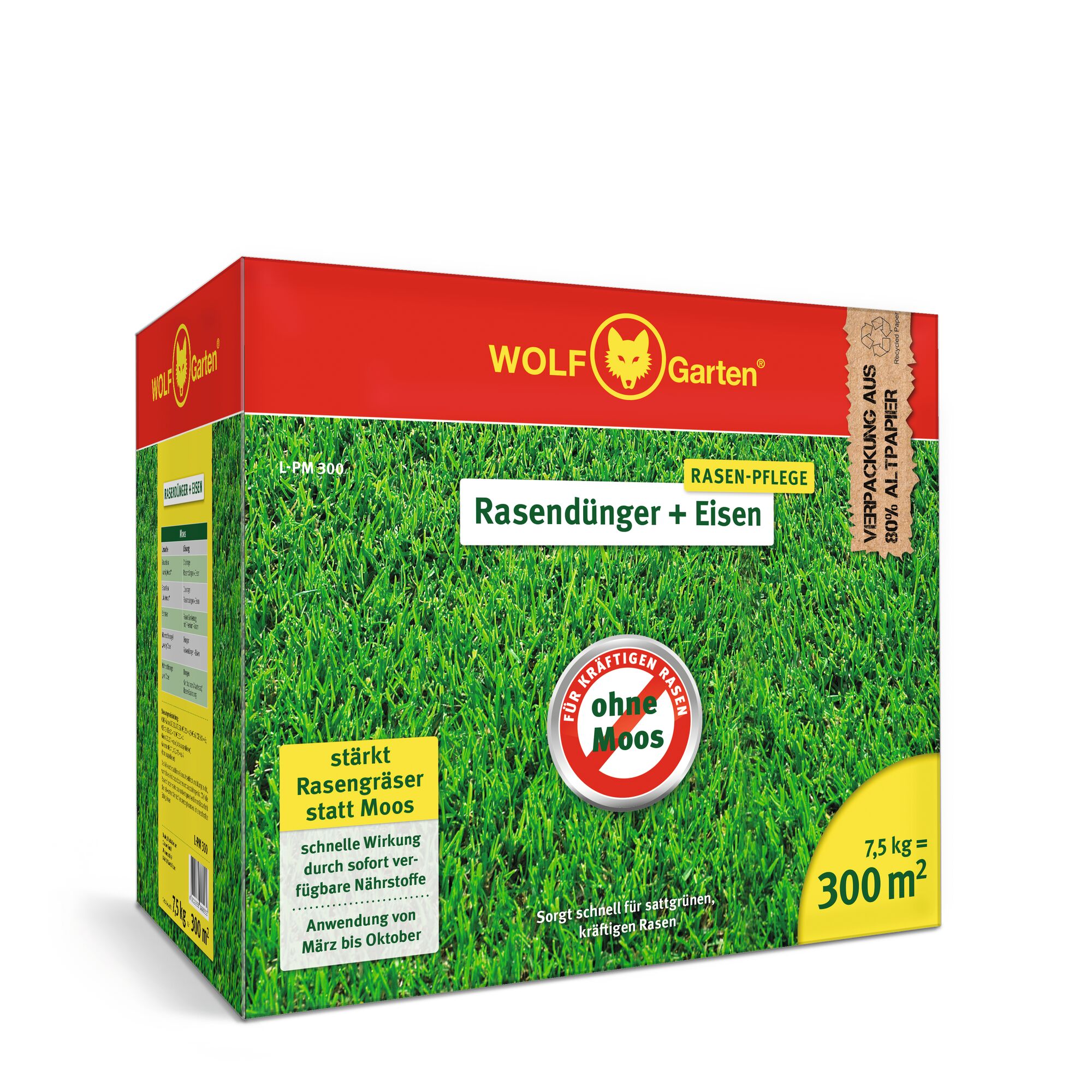 A box of WOLF-Garten lawn fertilizer with iron, suitable for 300 square meters. The packaging features a red top and grassy green design, including information about strengthening lawn grass instead of moss, with quick-acting nutrients and application from March to October. The box also mentions eco-friendly packaging made from 80% recycled paper.