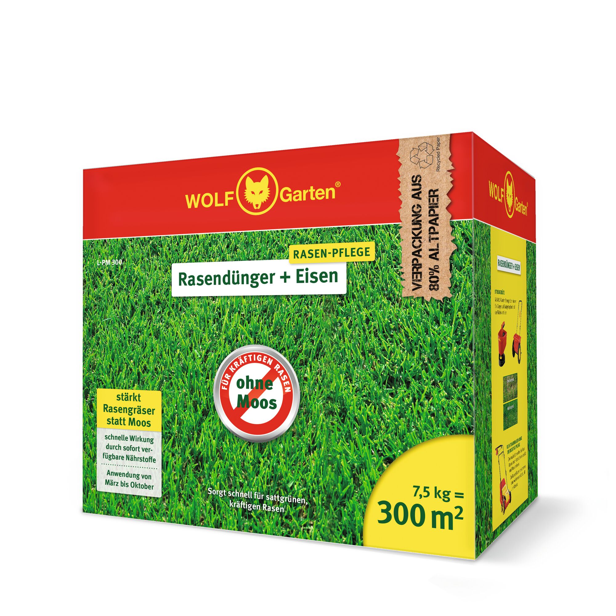 A box of WOLF Garten lawn fertilizer with iron for lawn care, labeled for moss-free strong lawns. The packaging is red and green, indicates a weight of 7.5 kg and coverage of 300 square meters, and is made from 80% recycled paper.