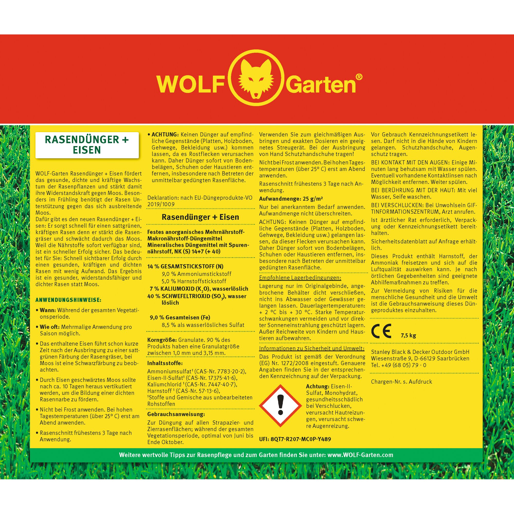 Product packaging for WOLF Garten Rasendünger + Eisen, a lawn fertilizer with iron. The package is mainly yellow and red, featuring the WOLF Garten logo at the top. Information about application, safety precautions, dosage, and composition is provided in German text. The packaging also includes product weight, company contact details, and instructions for use. The bottom has a green grass graphic and a web address.