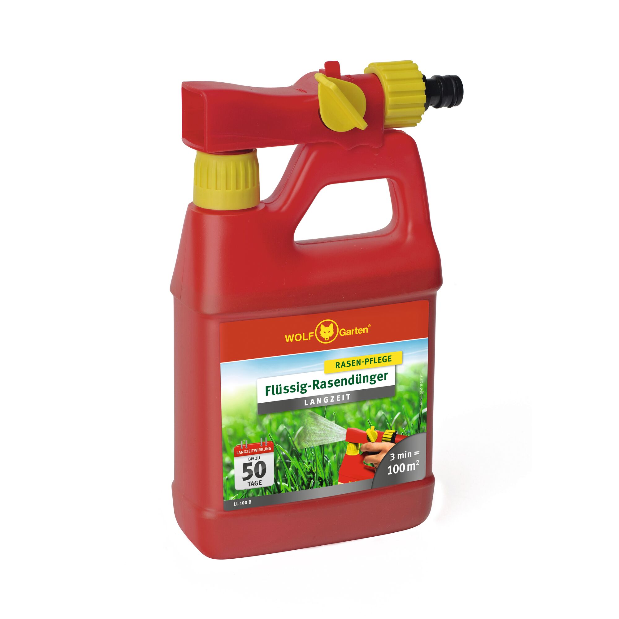 A red and yellow plastic bottle of WOLF-Garten liquid lawn fertilizer with a spray nozzle. The label displays product details indicating it is for long-term lawn care, covering up to 100 square meters in 3 minutes.
