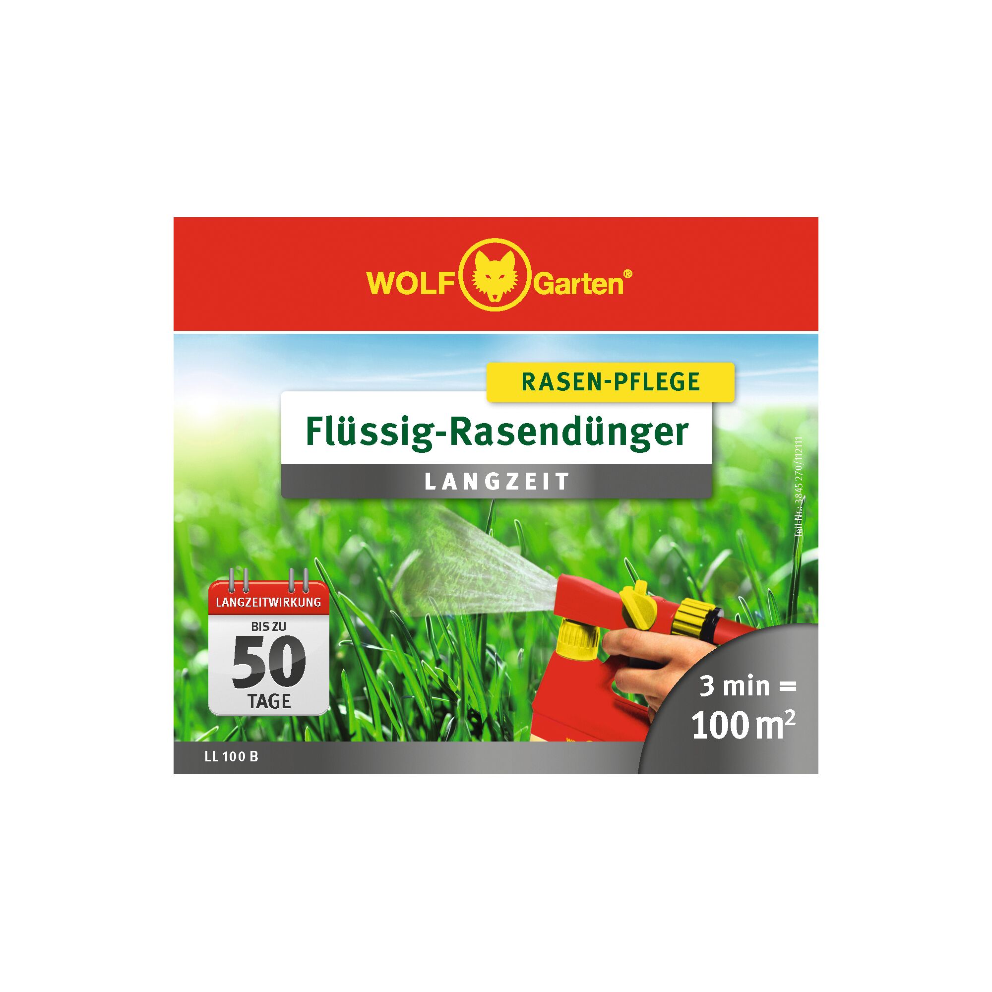 Front packaging of a WOLFGarten liquid lawn fertilizer with long-lasting effect for up to 50 days. Shows a hand using a red and yellow garden sprayer on green grass. Product highlights include 'RASEN-PFLEGE' and coverage of 100 m² in 3 minutes.