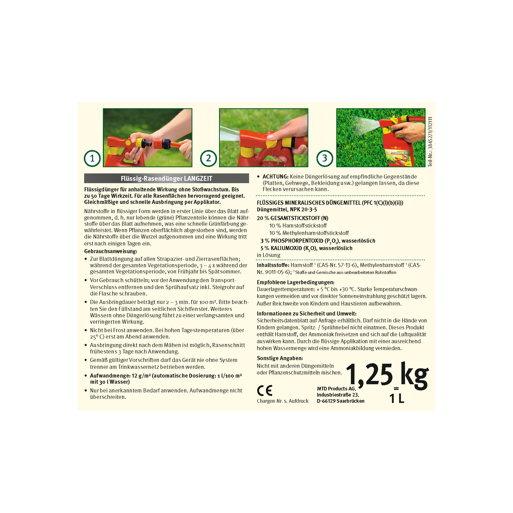 Product label for WOLF-Garten liquid lawn fertilizer (LANGZEIT), showing instructions, ingredient information, and warning notes. The label includes dosage guidelines, safety advice, and user directions with three pictorial steps at the top demonstrating how to apply the product using the bottle and sprayer attachment. The packaging indicates the weight as 1.25 kg and volume as 1 liter.
