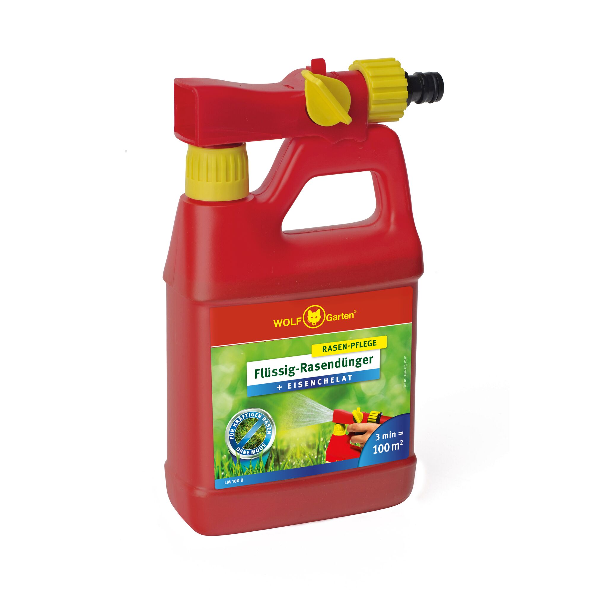 A red plastic container of WOLF-Garten liquid lawn fertilizer with a spray nozzle and yellow cap. The label reads 'Flüssig-Rasendünger + Eisenchelat' and shows usage instructions for lawn care.