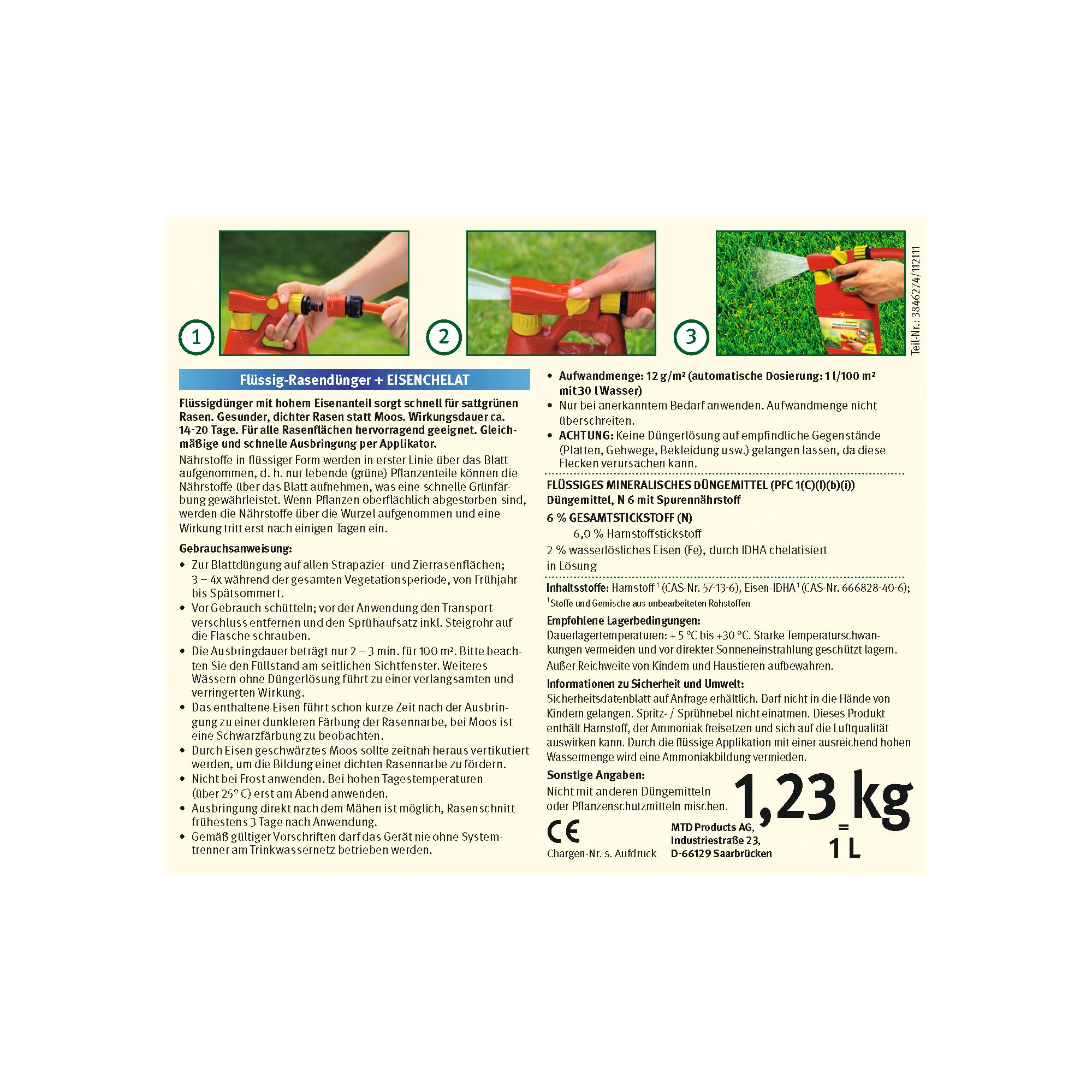 Product information label for WOLF-Garten liquid lawn fertilizer with iron chelate, showing instructions, dosage, safety advice, ingredients, and pictures demonstrating application. The label includes details about usage for turf areas, recommended dosages, storage instructions, and warnings. The packaging provides clear text and visual guidance for correct product use.