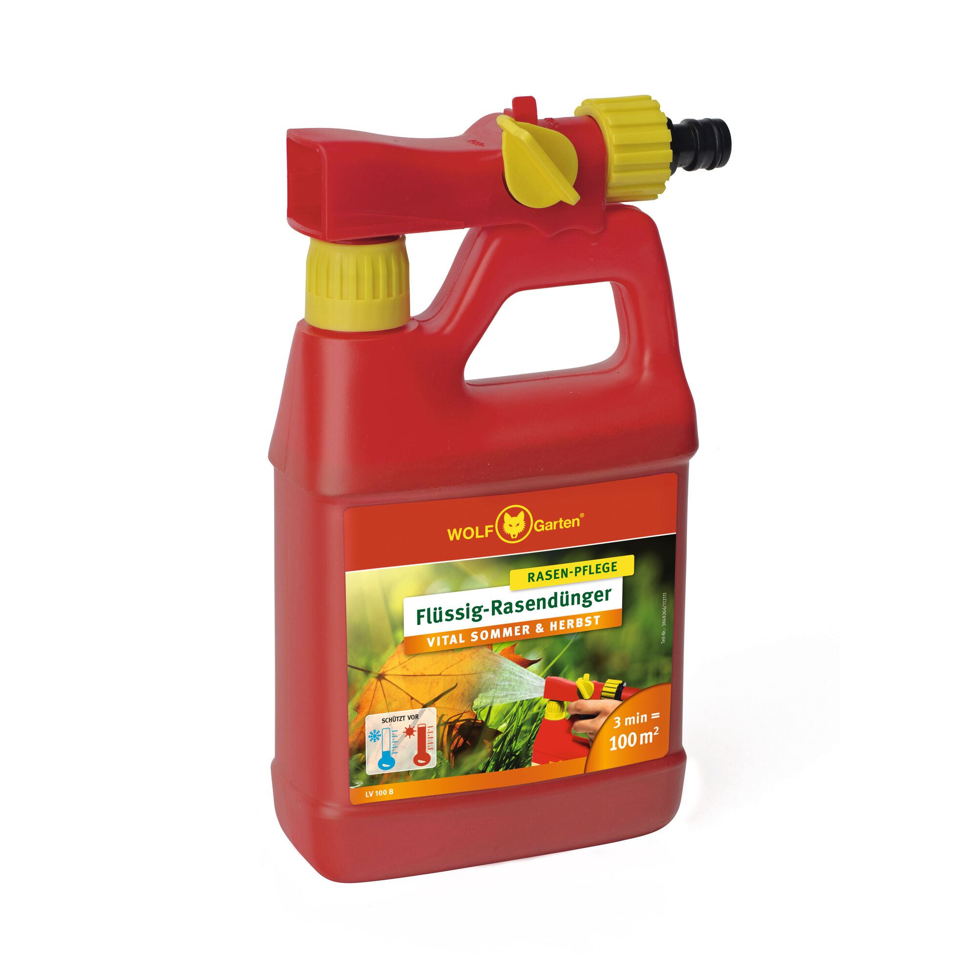 A red and yellow plastic bottle of WOLF Garten LV100BDA liquid lawn fertilizer, designed for summer and autumn lawn care. The bottle features a spray nozzle and a handle, with product labeling in German indicating usage instructions and coverage information.