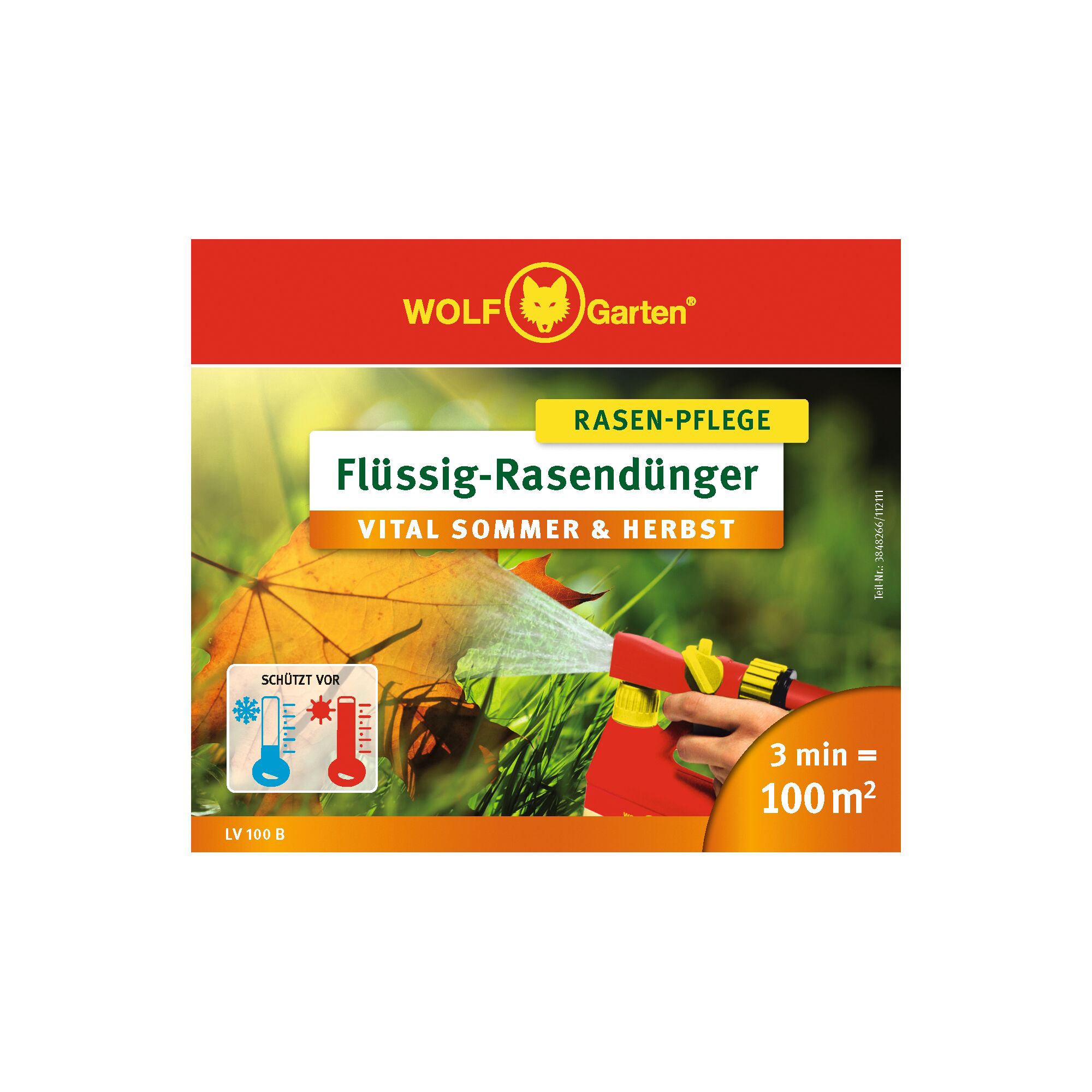 Packaging of WOLF-Garten Flüssig-Rasendünger LV100BDA, a liquid lawn fertilizer for vital summer and autumn lawn care. The package features a hand spraying the product on grass and autumn leaves, with information about protection from temperature extremes and coverage of 100m² in 3 minutes.