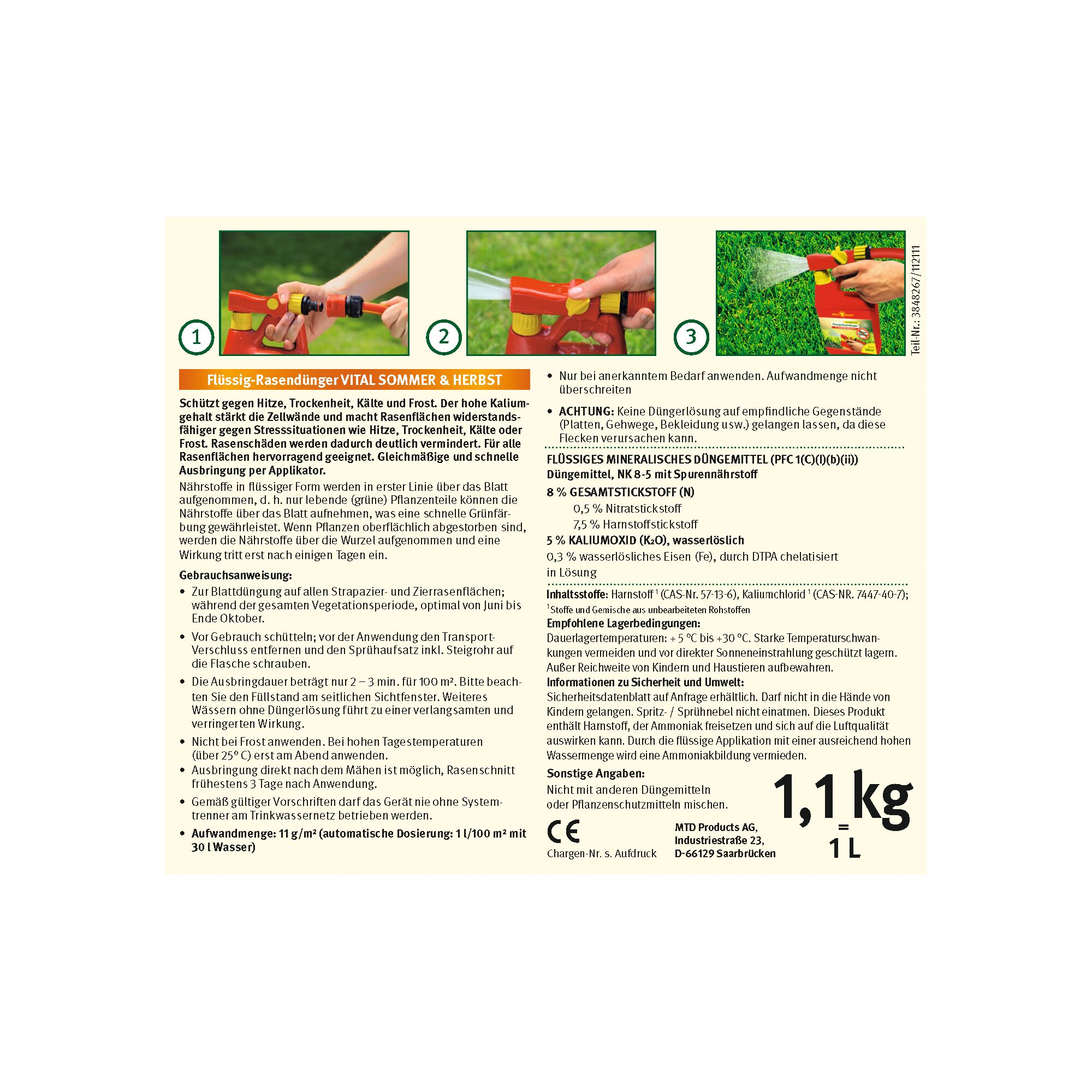 Back label of a WOLF-Garten LV100BDA liquid lawn fertilizer bottle showing usage instructions, safety information, application steps with images, product details, weight (1.1 kg) and volume (1 L). The label explains dosing, storage recommendations, and highlights its mineral content for use during summer and autumn.