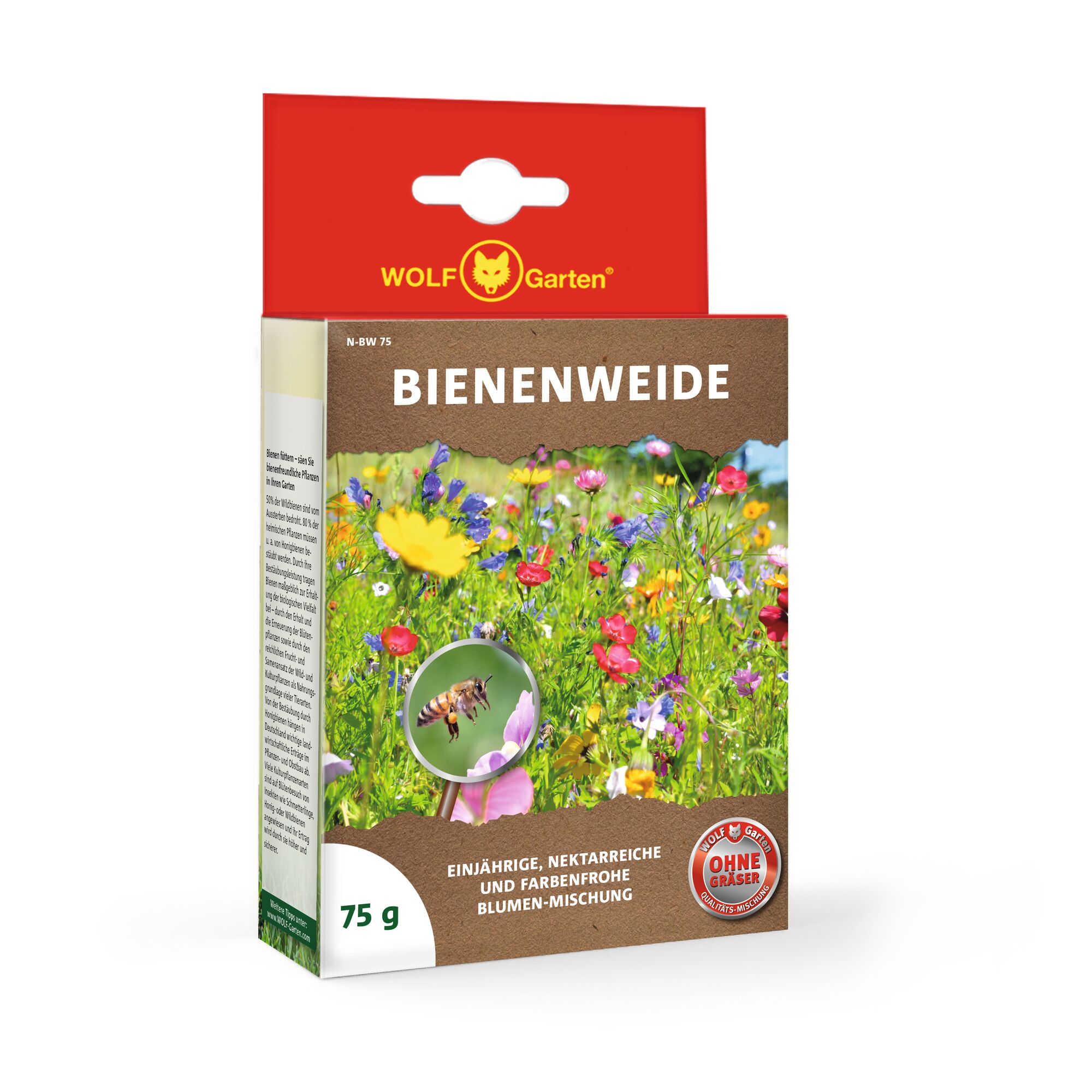 WOLF Garten package for 'BIENENWEIDE', a bee-friendly flower seed mix. The packaging displays colorful flowers and a bee, with text indicating a 75 g mix of annual, nectar-rich, and vibrant flowers. The box also shows a red seal stating 'OHNE GRÄSER' (without grasses).