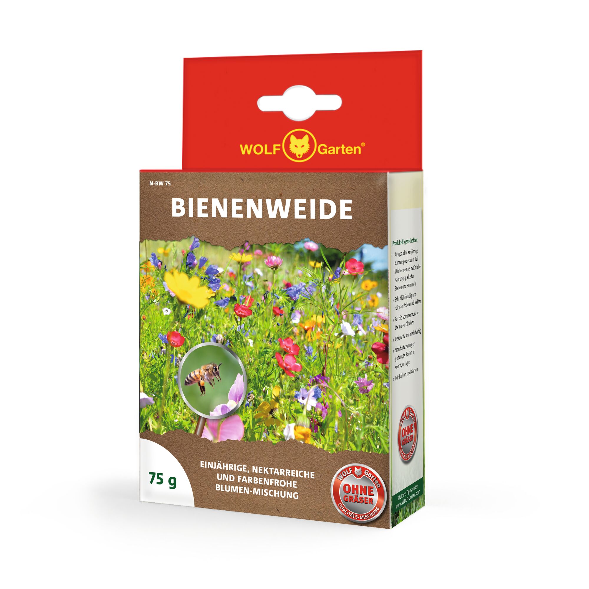 A package of WOLF Garten 'Bienenweide' flower seed mix, showing a colorful variety of wildflowers and a bee. The package indicates 75 grams and highlights that the mix is annual, nectar-rich, and contains no grasses.