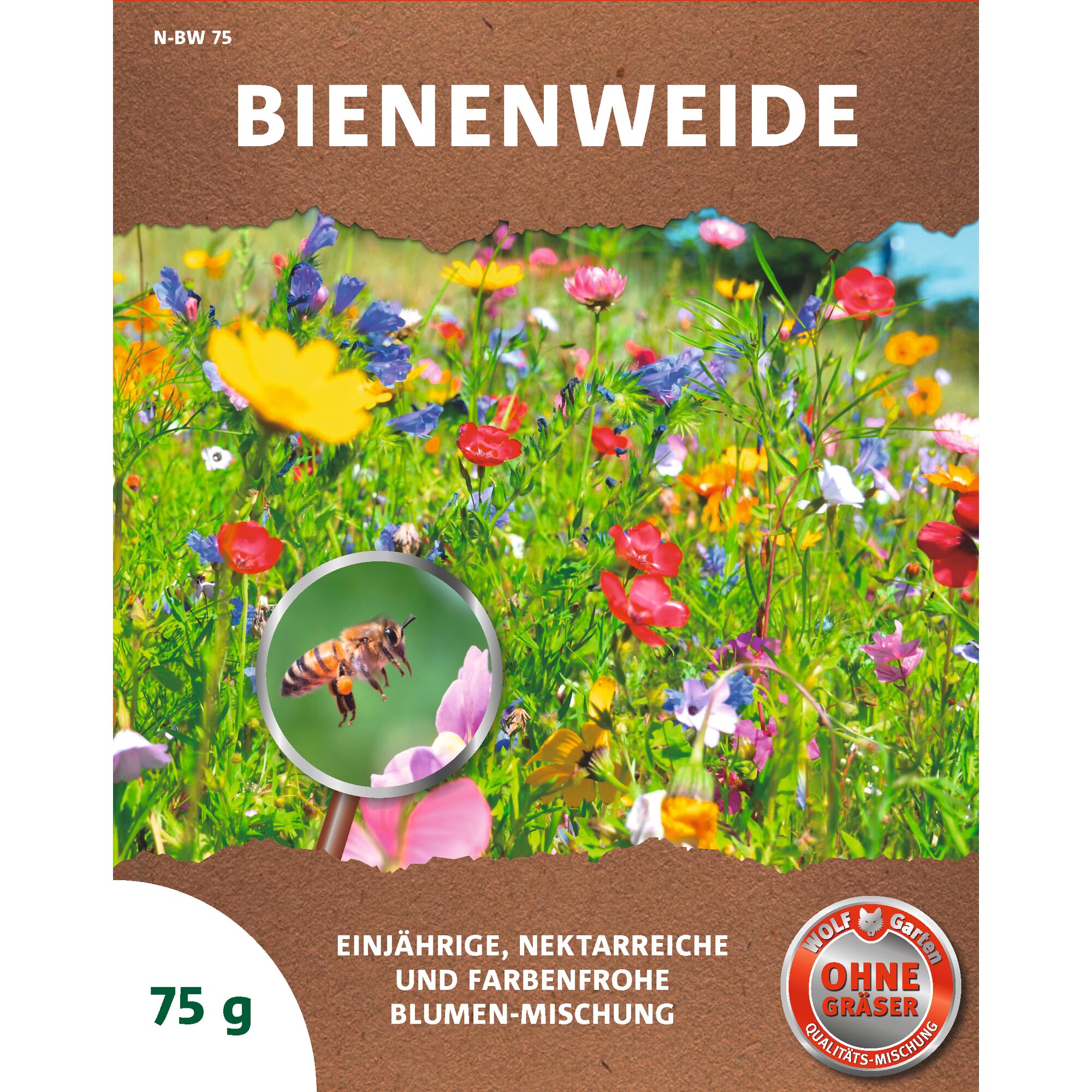 Package of WOLF-Garten BIENENWEIDE flower seeds for bees. The packaging shows a colorful mix of wildflowers with a close-up of a bee, and text indicating a nectar-rich, annual flower blend without grasses, weighing 75 grams.