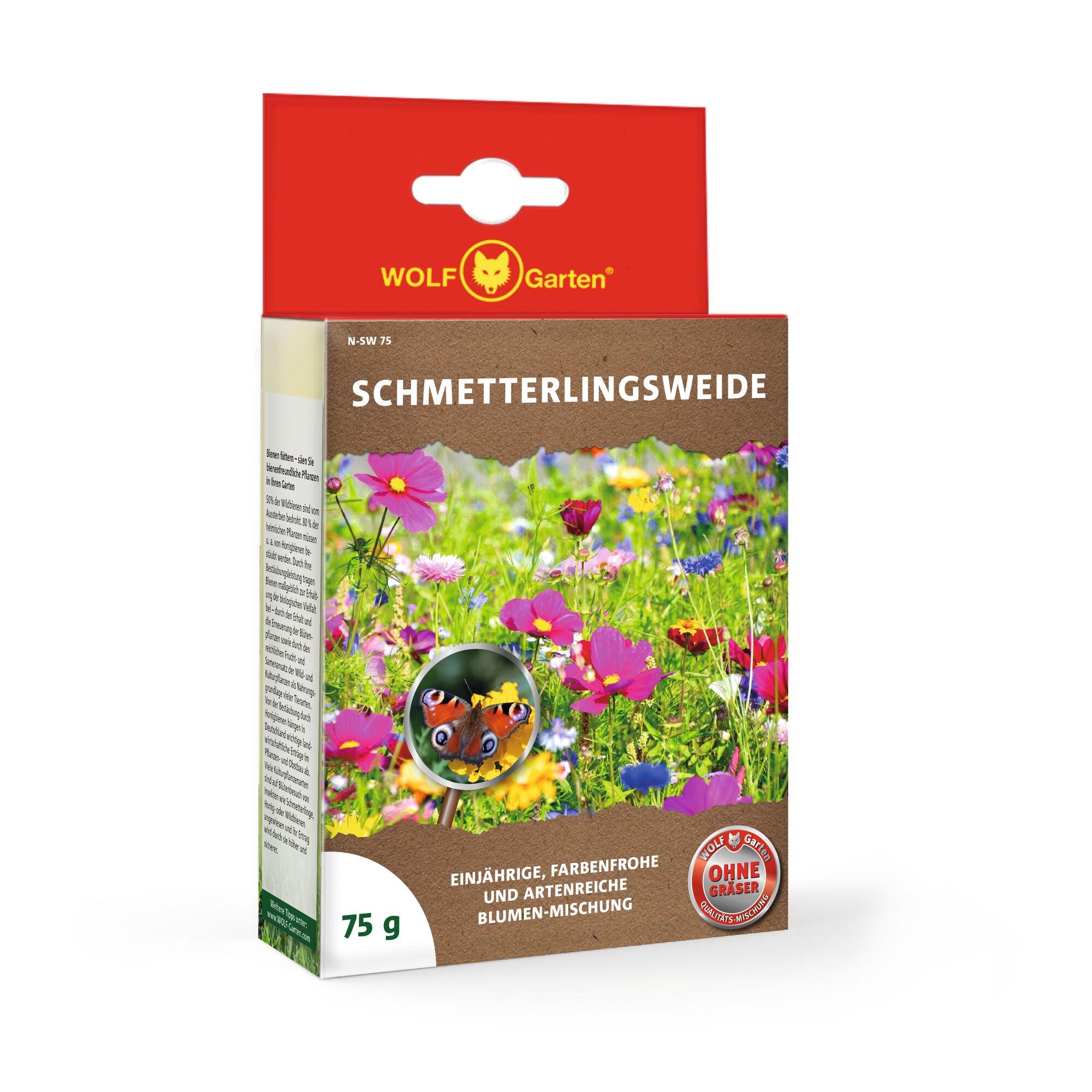 A package of WOLF-Garten Schmetterlingsweide flower seed mix, weight 75 grams. The front of the package features colorful wildflowers and a close-up image of a butterfly. The text highlights this as a one-year, colorful, and species-rich flower mix without grass seeds.