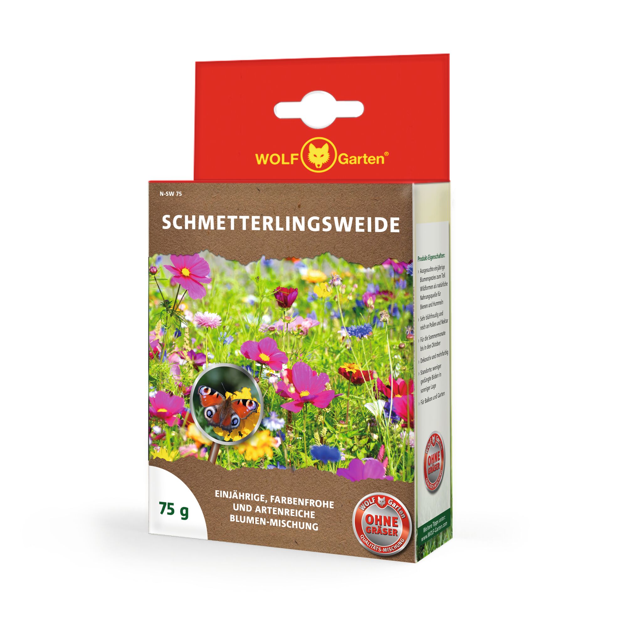 A package of WOLF Garten butterfly meadow flower seeds with colorful flowers pictured on the front, labeled 'Schmetterlingsweide' and indicating a 75 g mix suitable for attracting butterflies.