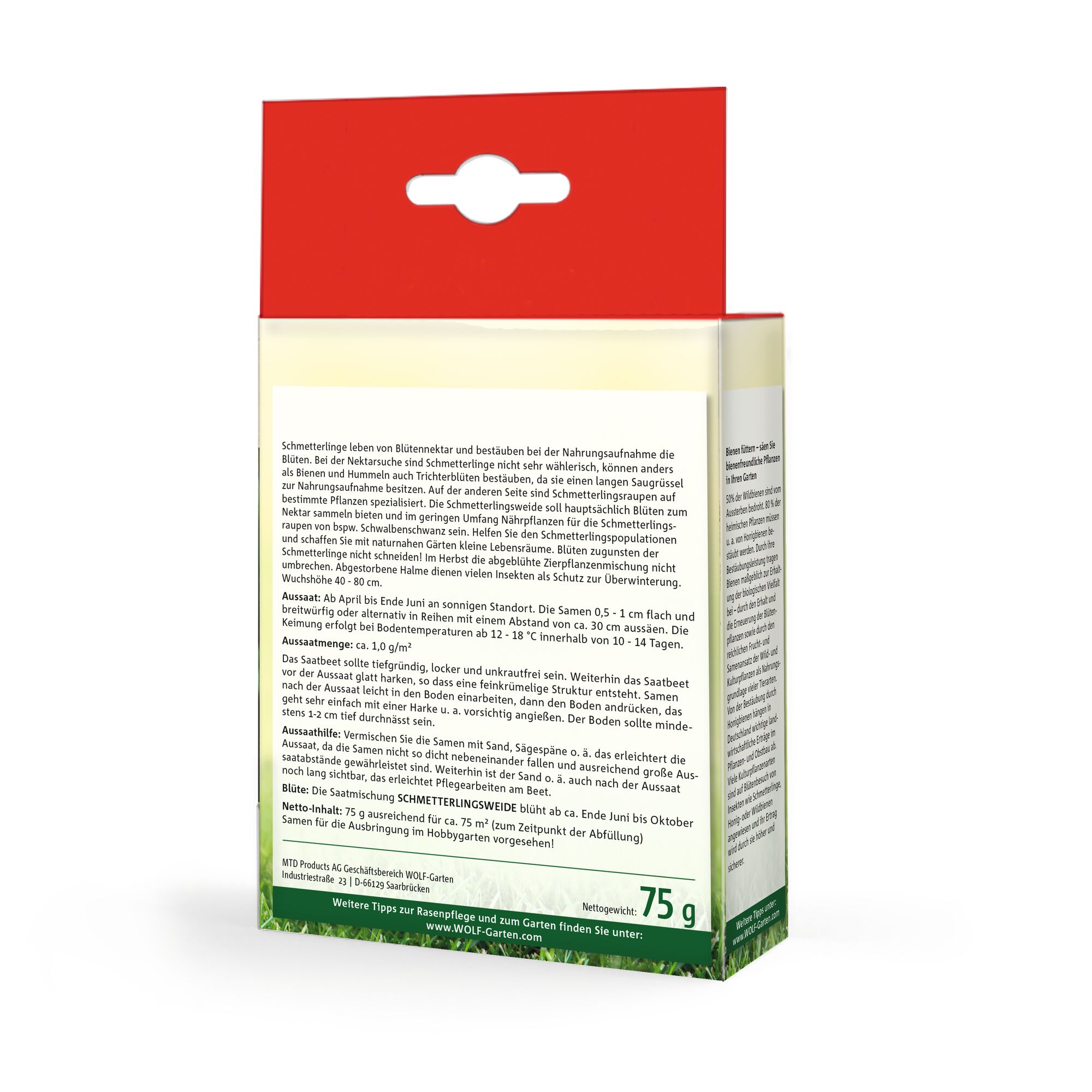 Back view of a rectangular WOLF-Garten product box with red top and cream-colored sides. The packaging contains detailed information in German about sowing instructions, environmental tips, and product description. The net weight is indicated as 75 grams at the bottom of the box.