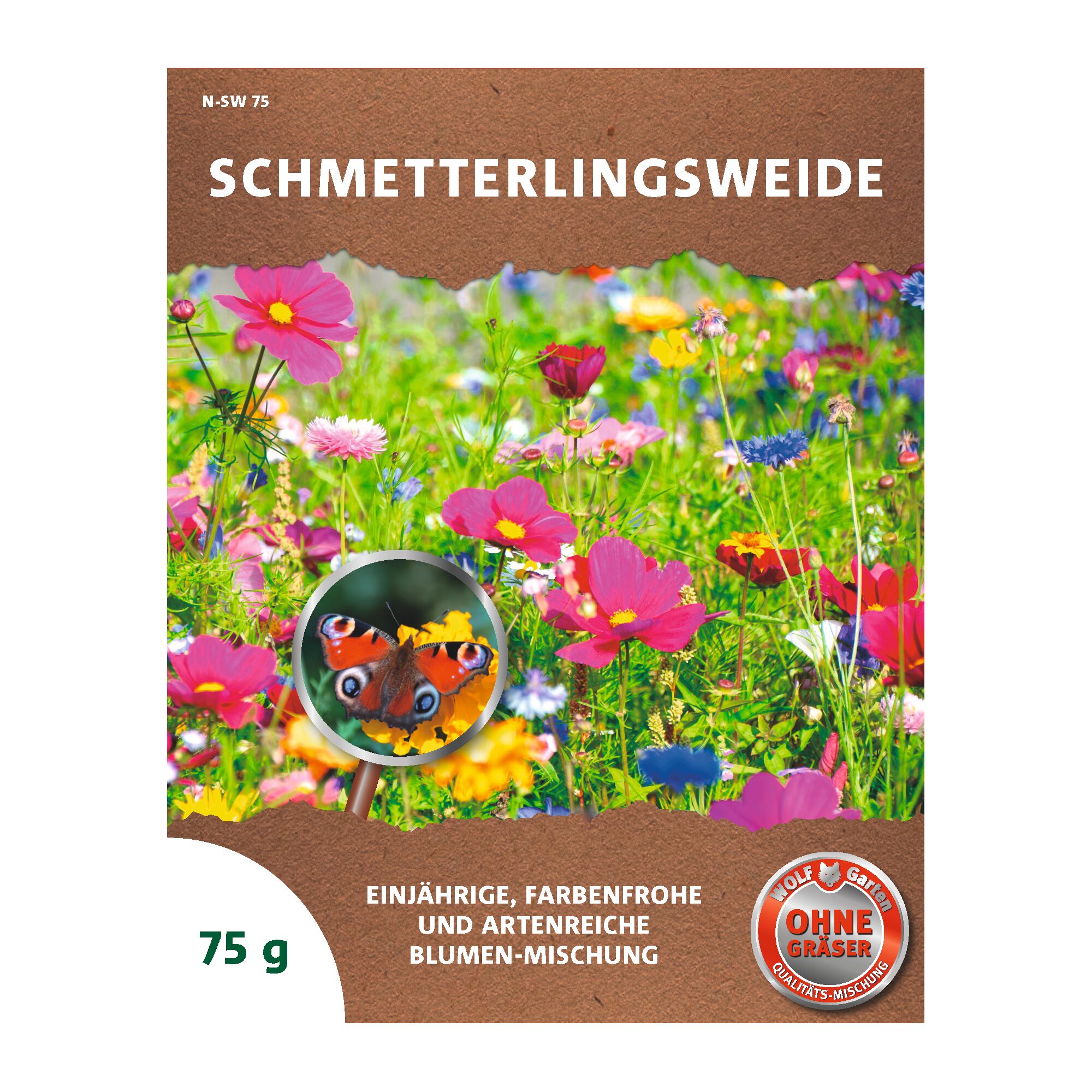 WOLFGarten Schmetterlingsweide packaging showing a colorful mix of annual flowers with a butterfly, designed to attract butterflies. The package states 'OHNE GRÄSER', indicating it contains no grasses, and the weight is 75 grams.