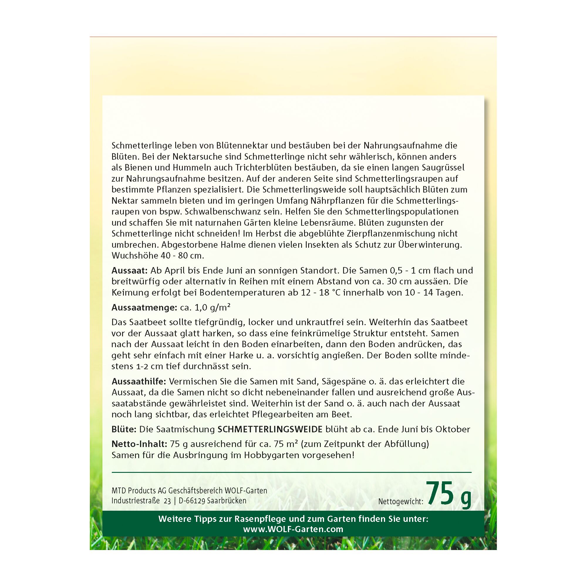 Back packaging of WOLF-Garten butterfly meadow seeds. The text provides details about the importance of butterflies for pollination, instructions for sowing, amount needed, soil preparation, mixing seeds with sand, flowering period, and net weight of 75 grams. Also includes company information and a website link for gardening tips.